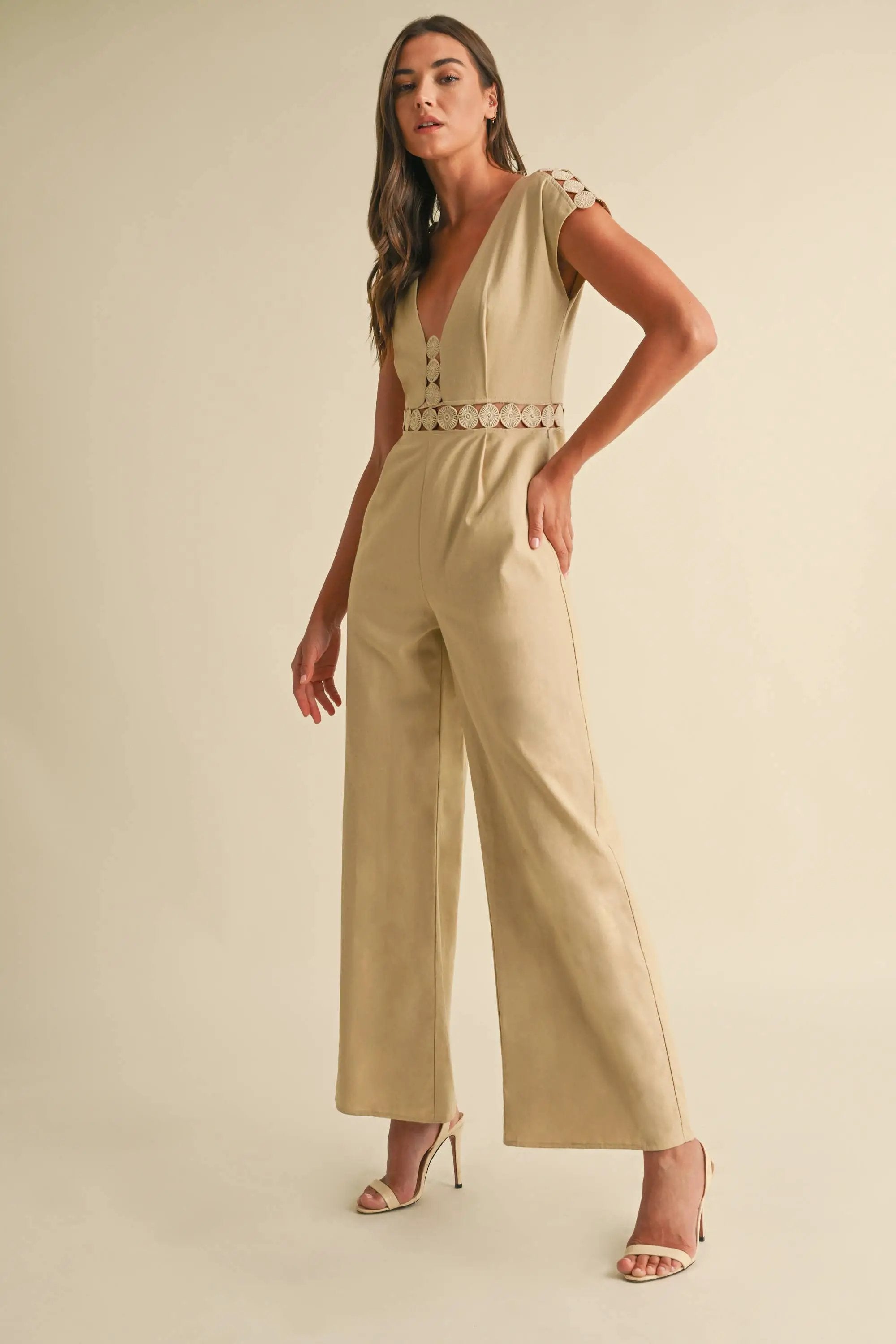 Endless Blu Endless Blu Beige Sleeveless Jumpsuit - One-Pieces