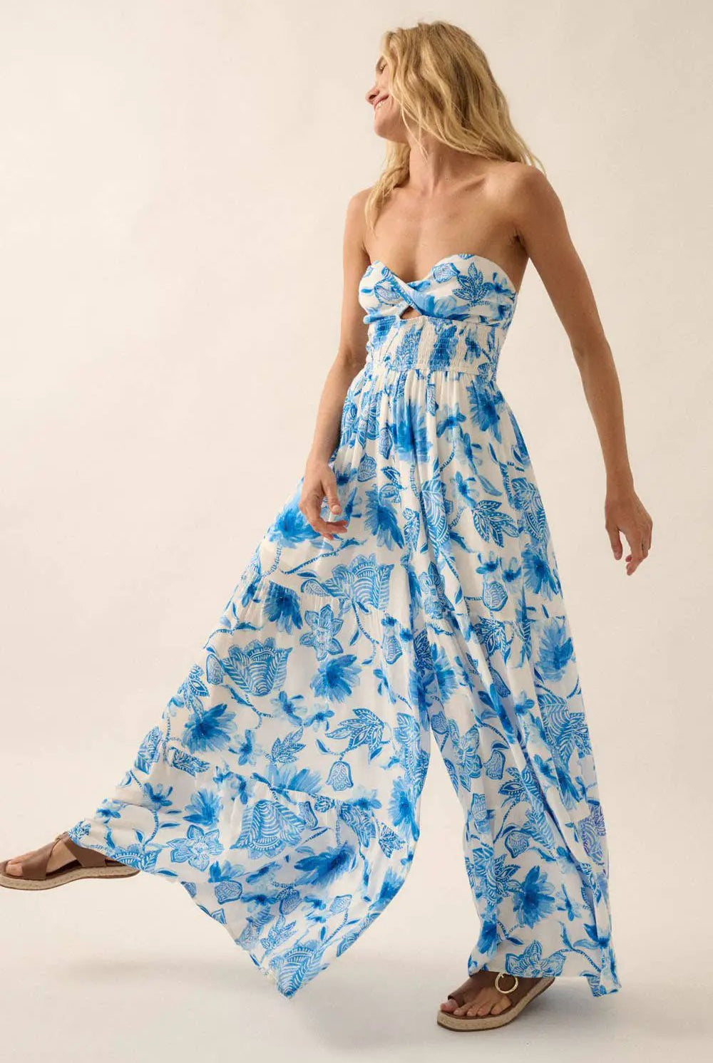 Promesa USA Cream & Blue Floral Crepe Strapless Wide-Leg Ruffle Jumpsuit - One-Pieces Promesa USA Cream & Blue Floral Crepe Strapless Wide-Leg Ruffle Jumpsuit