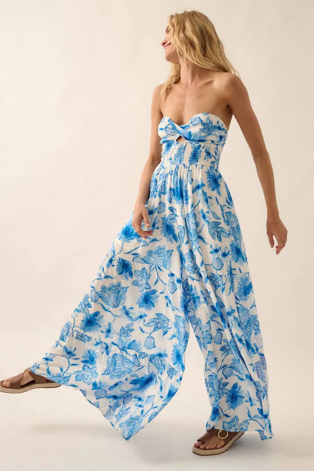 Promesa USA Cream & Blue Floral Crepe Strapless Wide-Leg Ruffle Jumpsuit - One-Pieces Promesa USA Cream & Blue Floral Crepe Strapless Wide-Leg Ruffle Jumpsuit