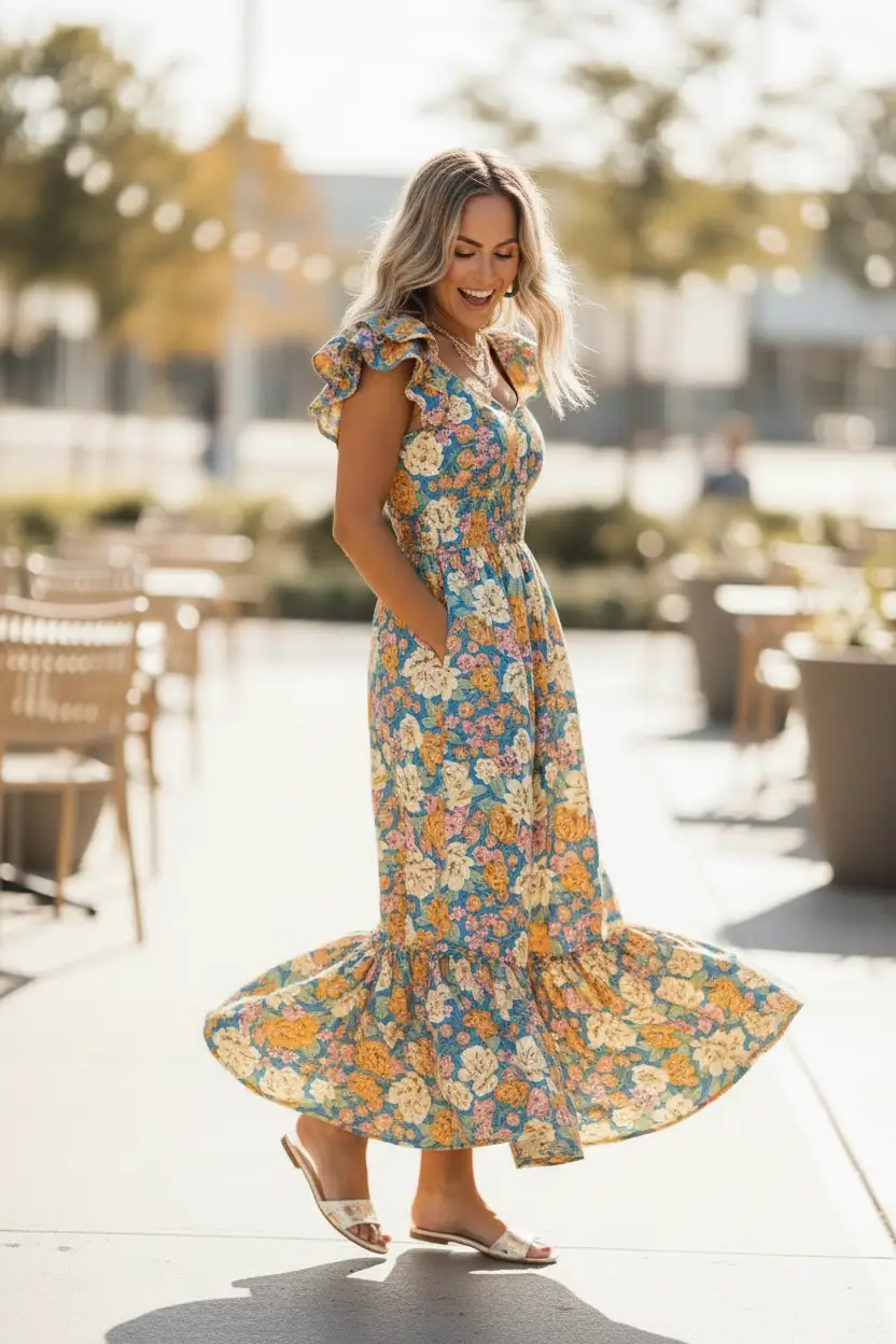 Grateful Threads Boutique The Golden Bloom Flutter Sleeve Jumpsuit - One-Pieces Yellow Floral Allover Print Shirred Cut Out High Waist Jumpsuit