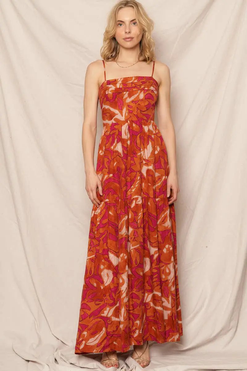 En Crème En Crème Spaghetti Strapped Back Smocked Print Maxi Dress in Burnt Orange - Dresses