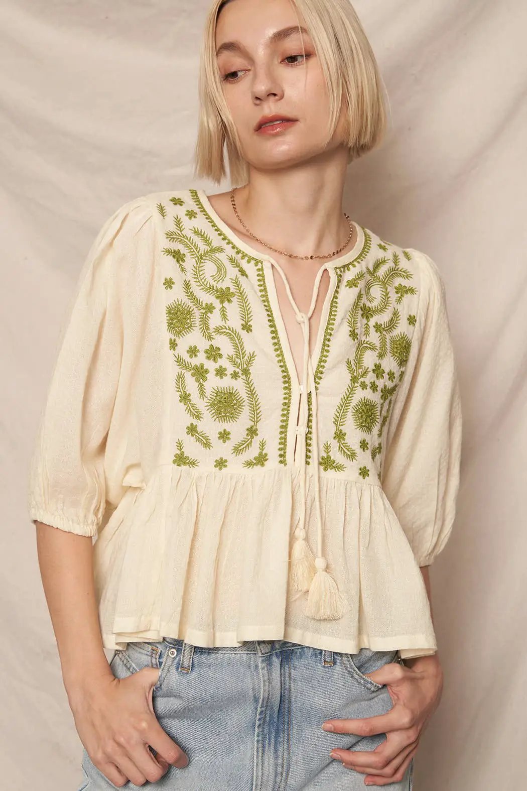 En Crème En Crème Cream Olive Puff Sleeve Peplum Top with Embroidery Detail - Blouses summer crop top
