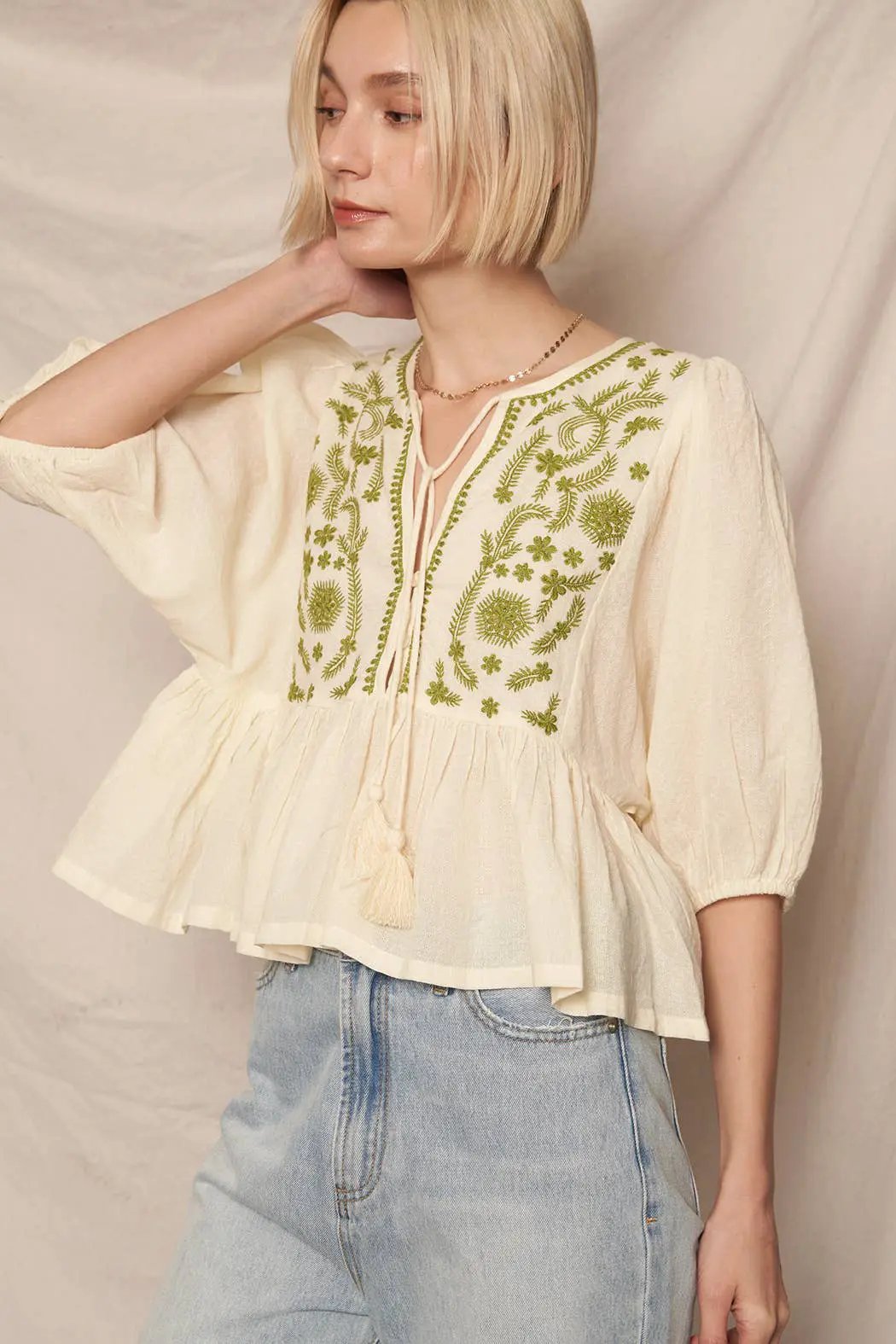 En Crème En Crème Cream Olive Puff Sleeve Peplum Top with Embroidery Detail - Blouses summer crop top