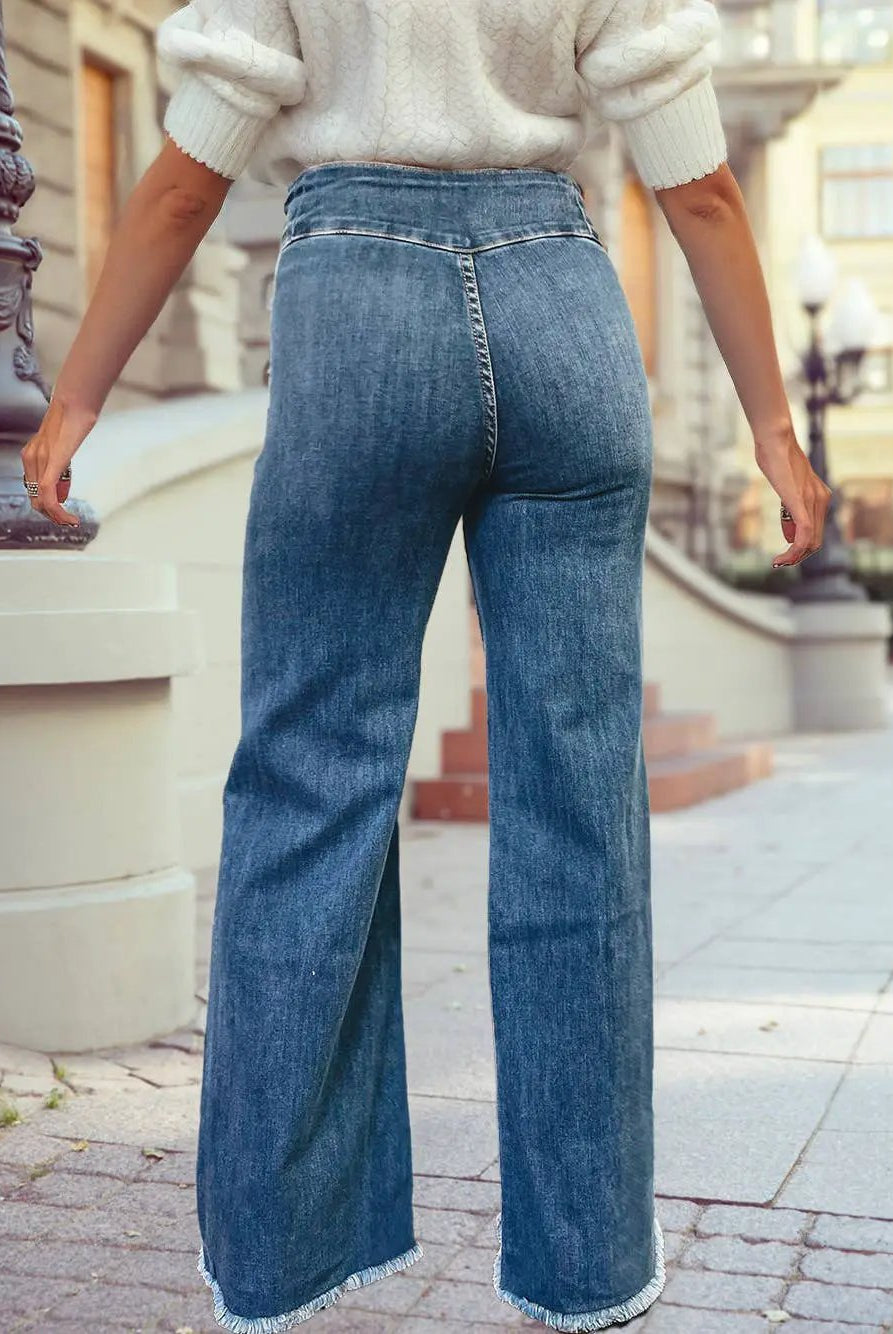 1 the Woman High Waist Button Fly Seamed Raw Hem Flare Jeans - Jeans