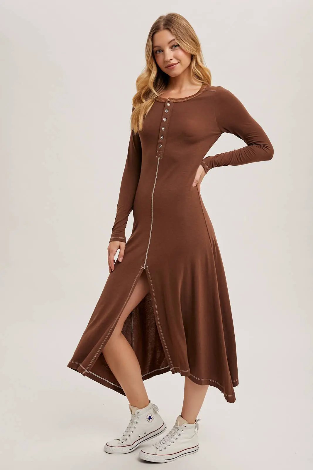 Bluivy The Cocoa Button-Front Slit Midi Dress - Dresses