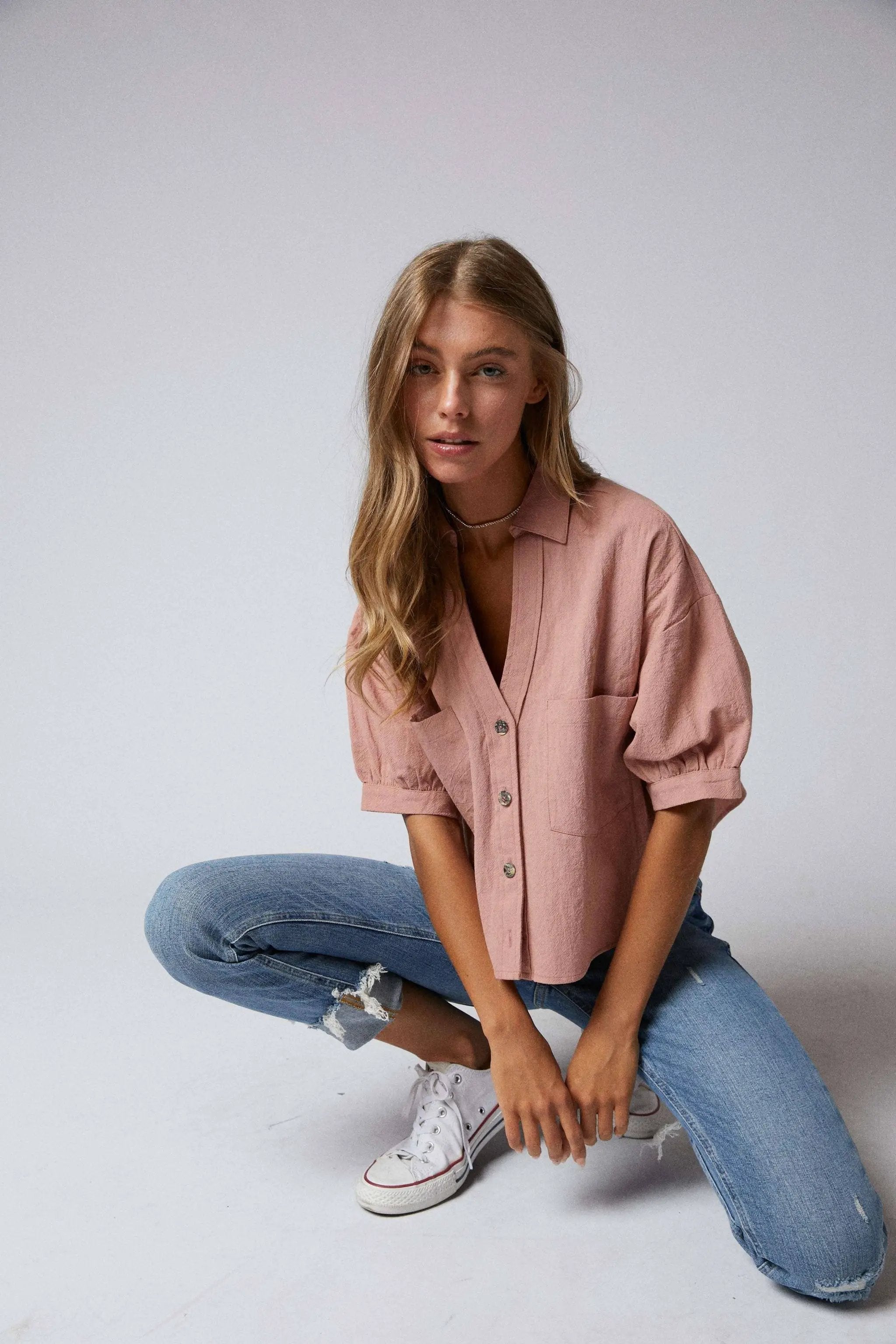 Cerule Elbow Sleeves Button Down 2 Pocket Crop Shirt - Shirts