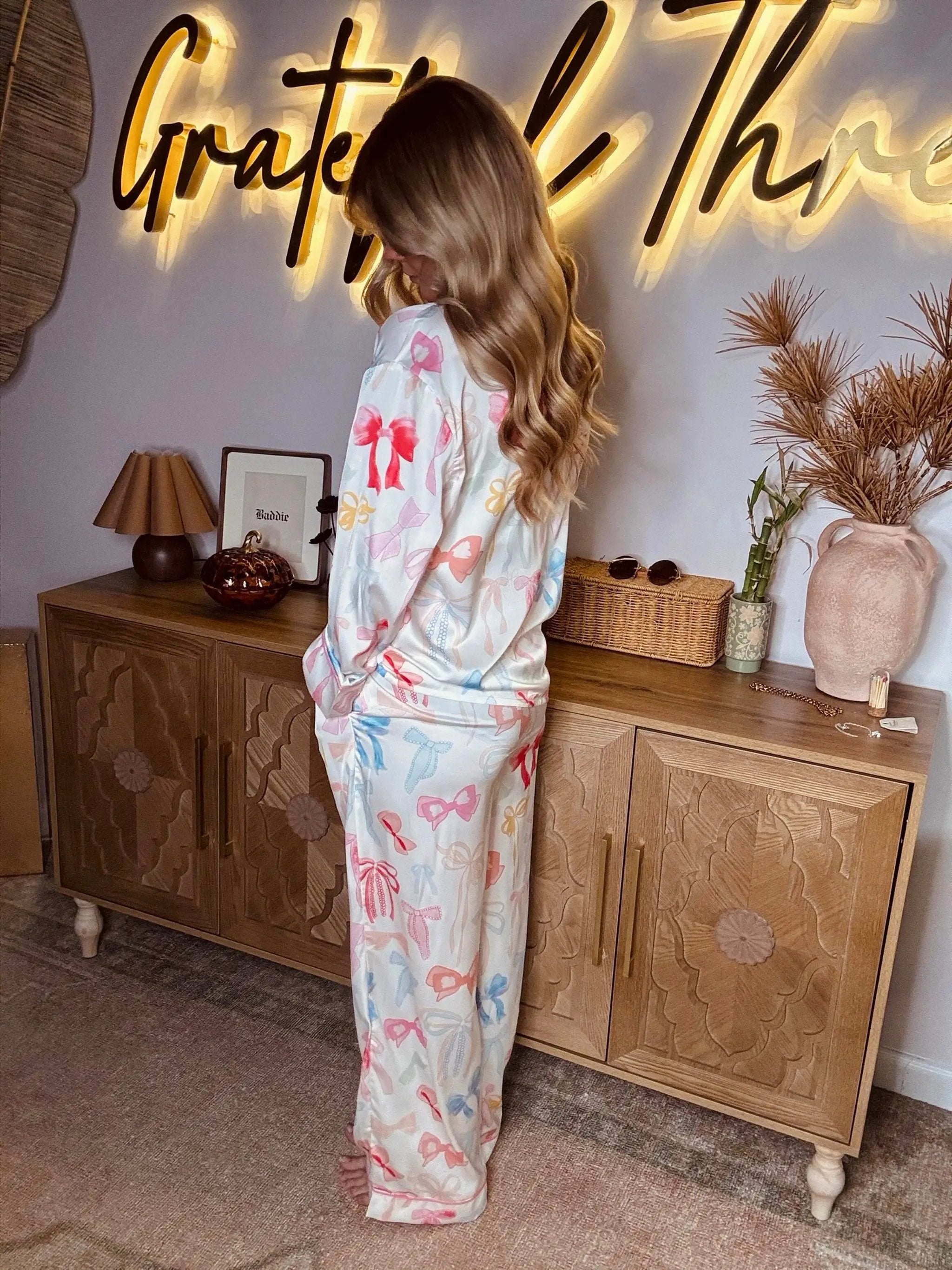 Grateful Threads Boutique White Bow Knot Print Lapel Pajama Set – Chic & Cozy Sleepwear - Pajamas