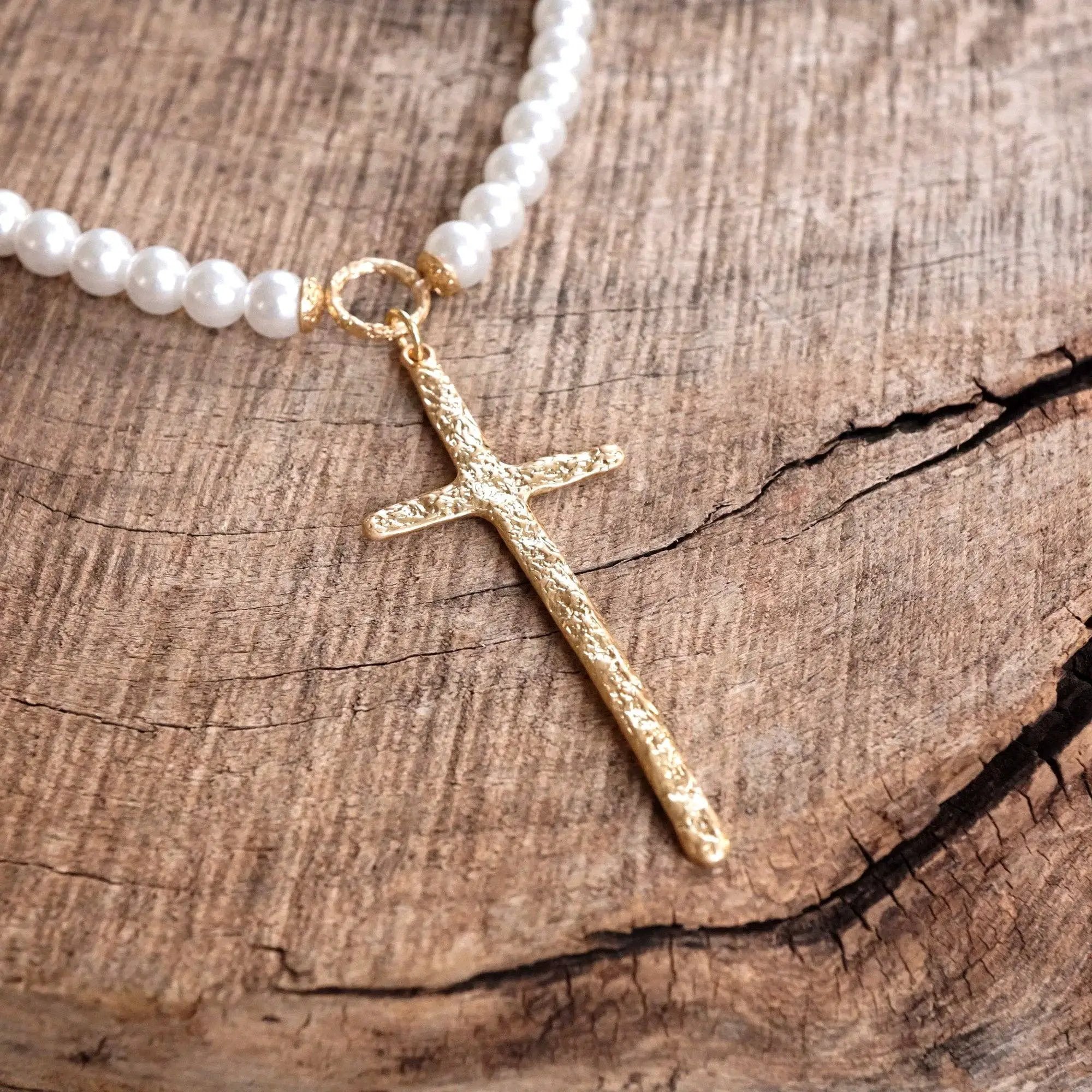 PennyLine inc The Primitive Cross Pearl Necklace - Jewelry primitive cross necklace gold pearl turquoise beads