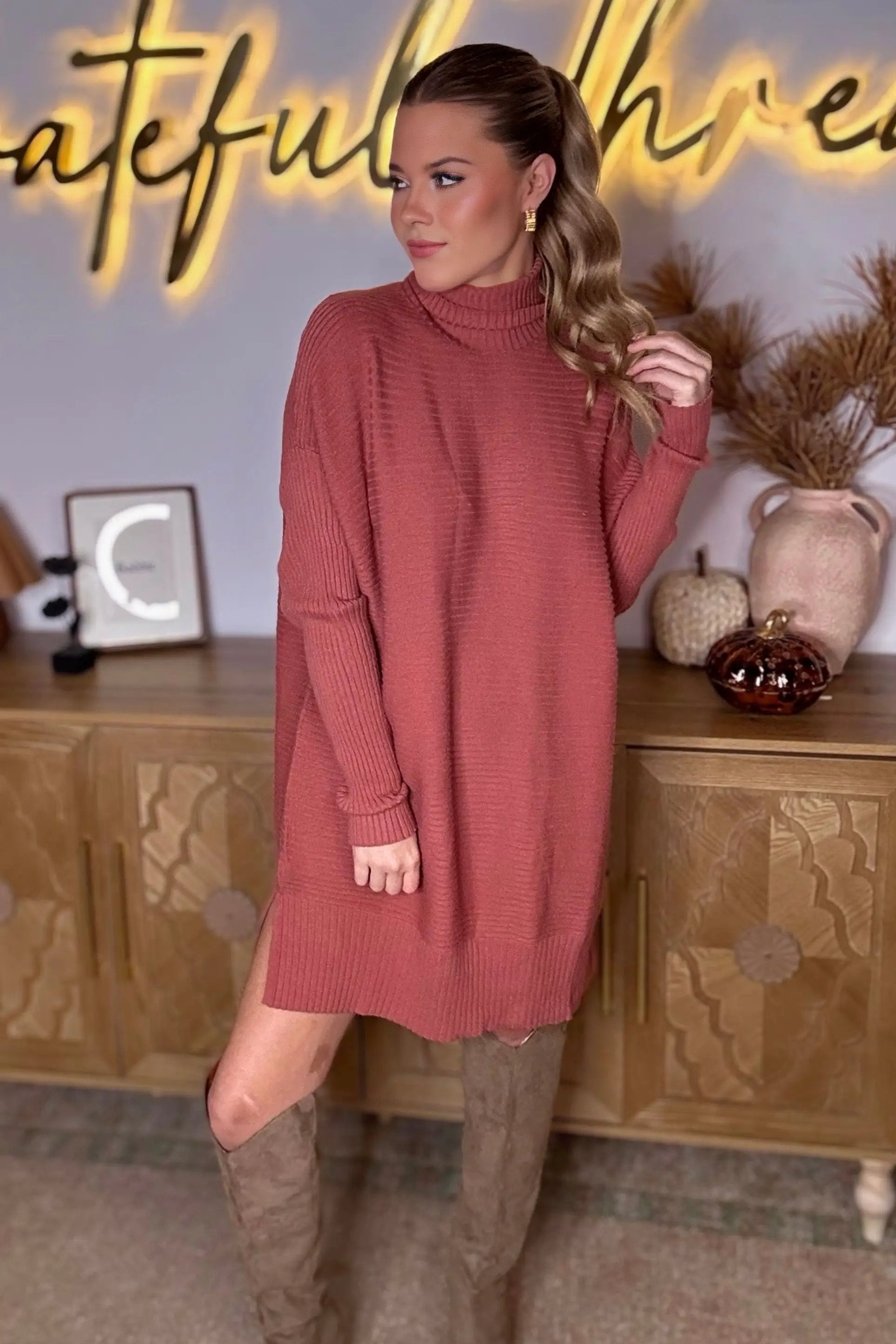 Grateful Threads Boutique Mineral Red Turtleneck Ribbed Knit Tunic Sweater - Sweaters