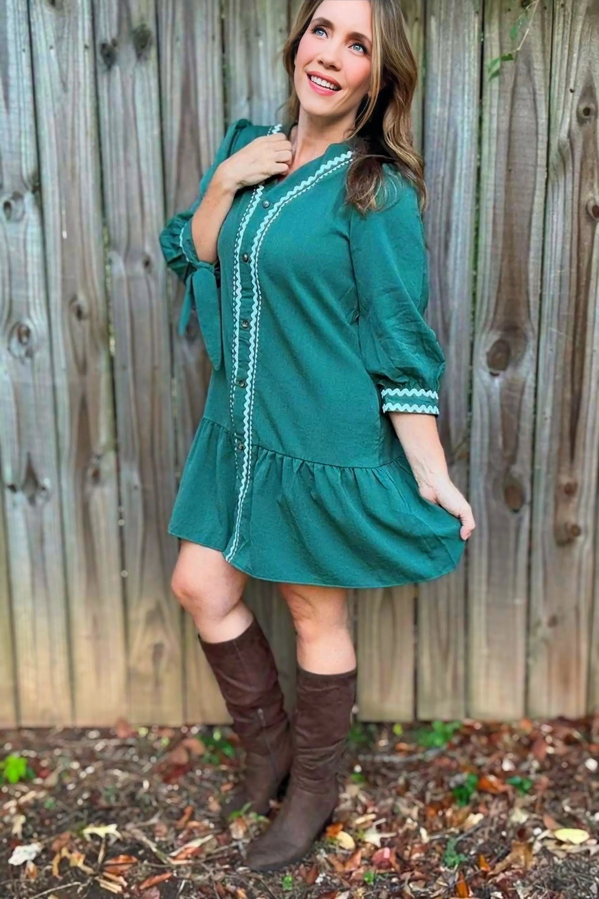 Grateful Threads Boutique Canton Knot Bracelet Sleeve Contrast Ricrac Trim Button V-Neck Shift Dress - Dresses Canton Knot Bracelet Sleeve Contrast Ricrac Trim Button V Neck Shift Dress