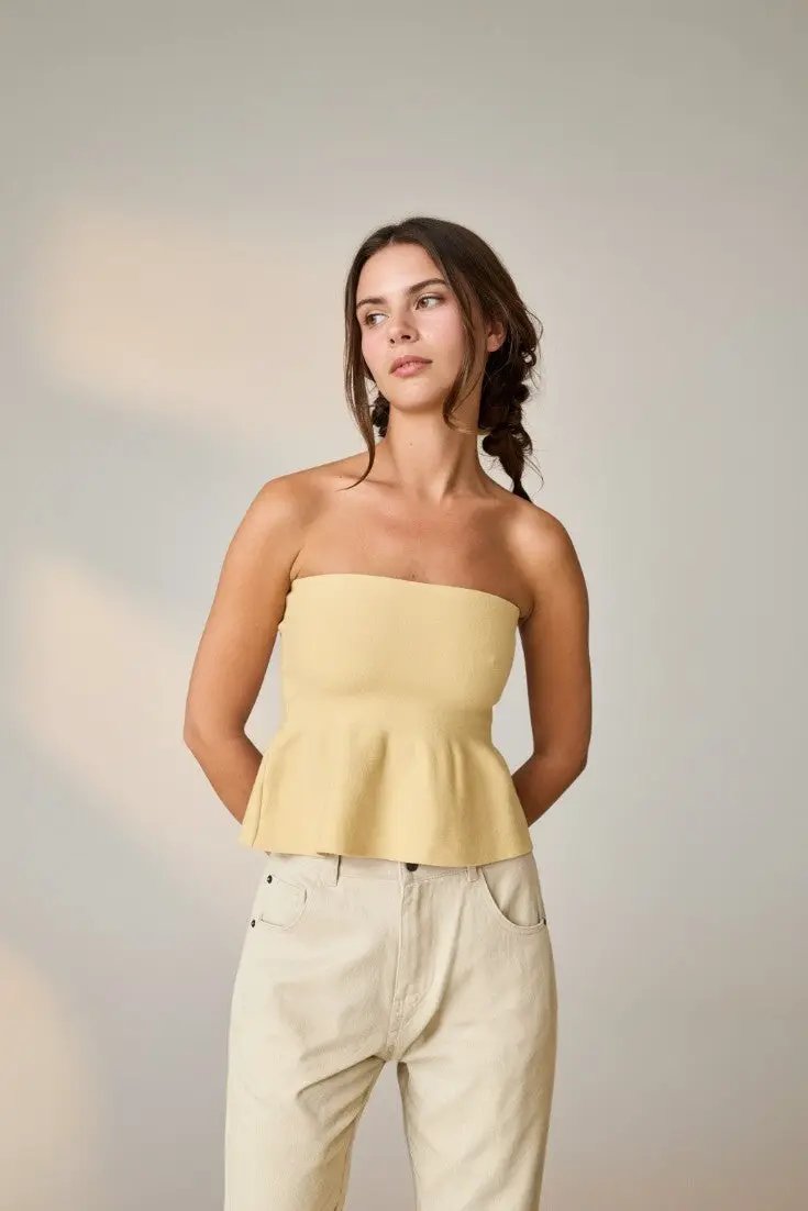 Papermoon The Ellie Strapless Knit Peplum Top: BUTTER - Clothing Tops