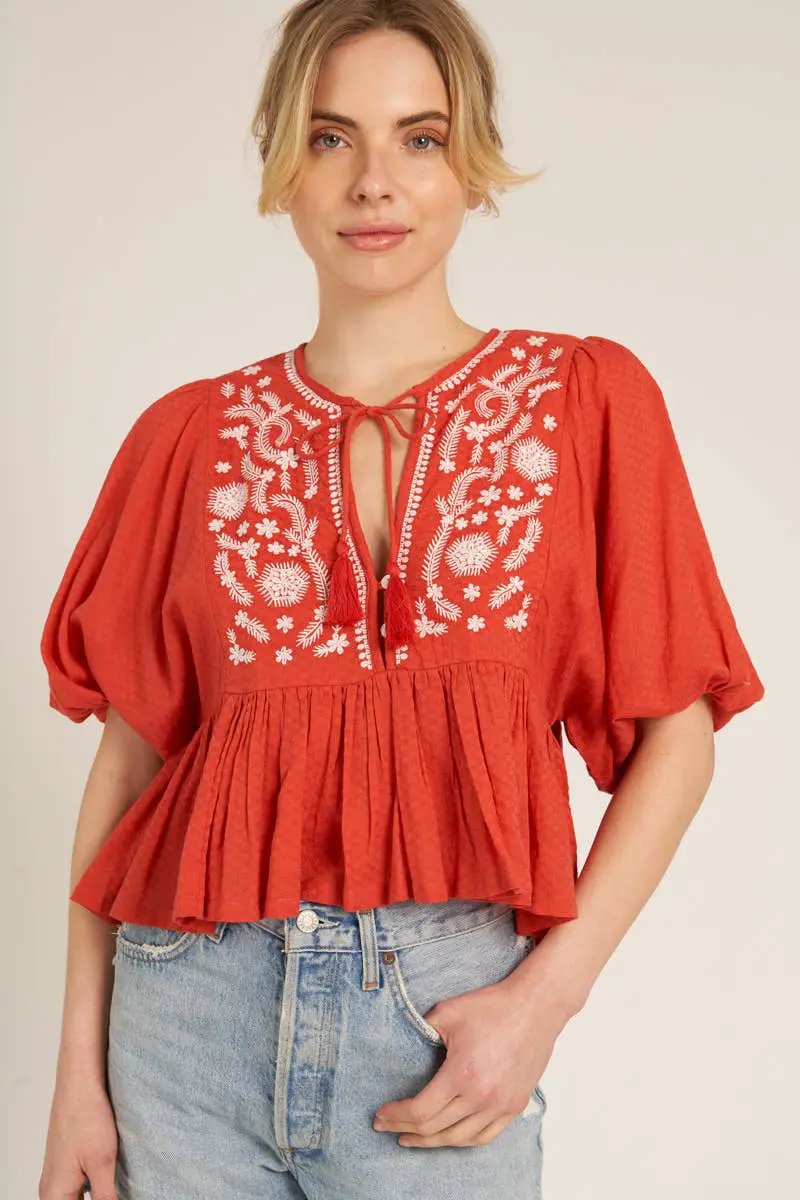 En Crème En Crème Tomato Red & White Puff Sleeve Peplum Top with Embroidery Detail - Blouses Spring summer tops