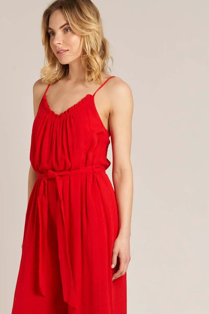En Crème En Crème Red Sleeveless Belted Jumpsuit - One-Pieces red sleeveless jumpsuit