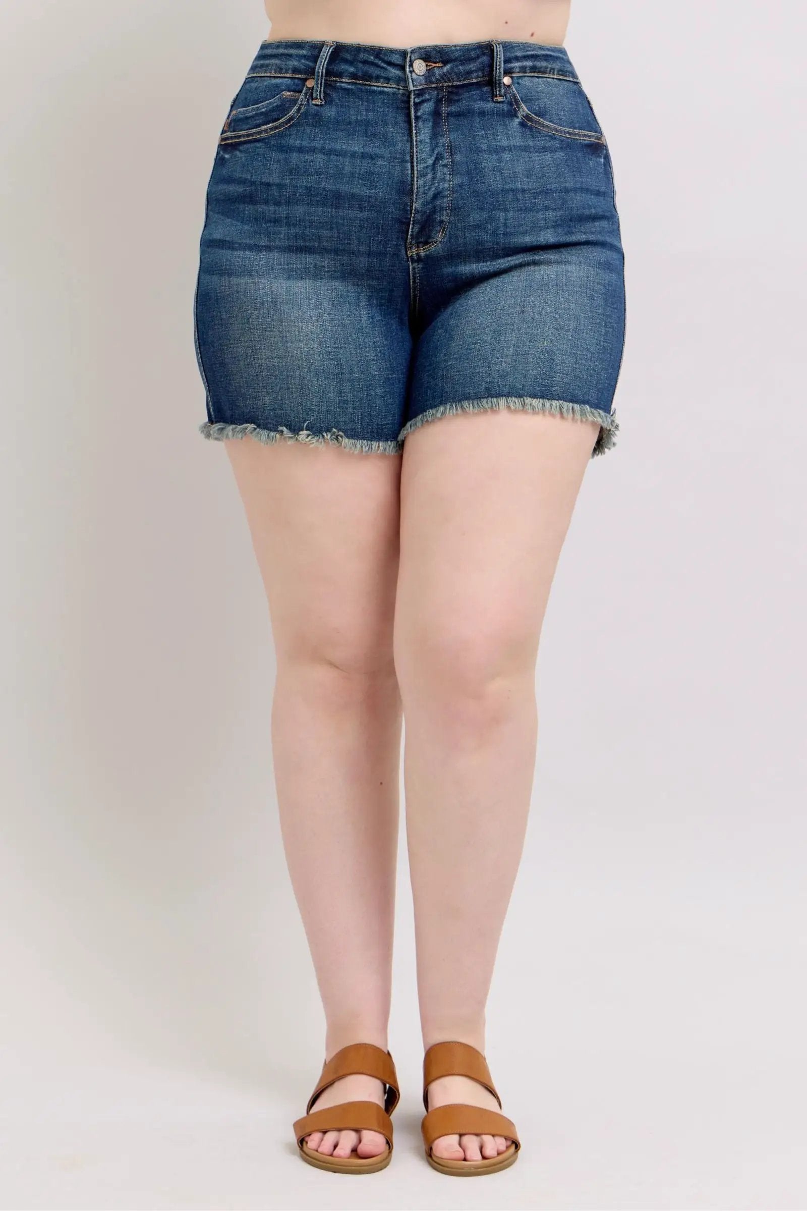 Judy Blue Judy Blue High Waisted Tummy Control Frayed Hem & Shield Back Pocket Dark Blue Denim Shorts PLUS - Shorts Judy Blue High Waisted Tummy Control Frayed Hem & Shield Back Pocket Dark Blue Denim Shorts PLUS