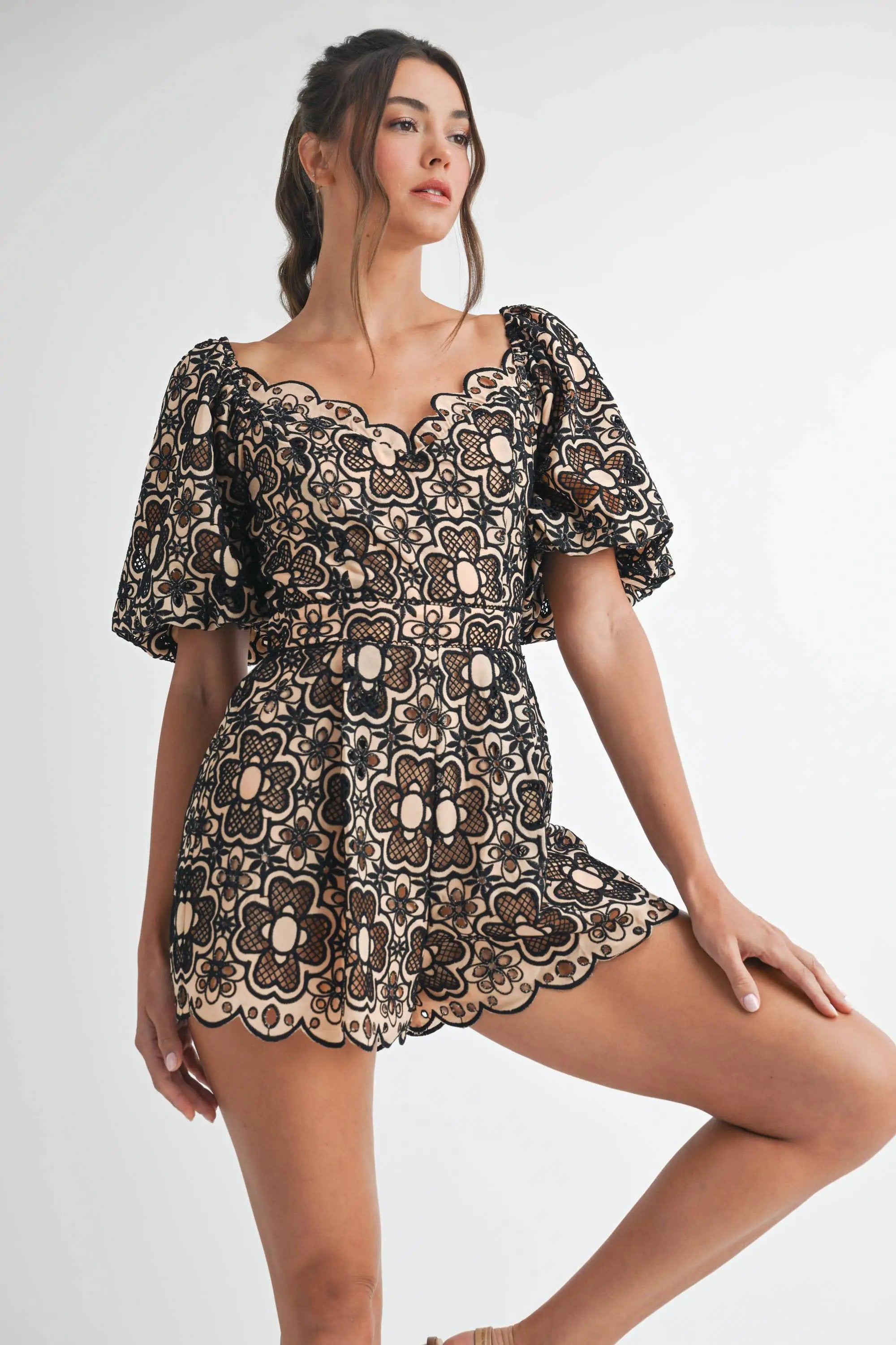 Endless Blu Endless Blu Taupe and Black Crochet Short Sleeve Romper - One-Pieces
