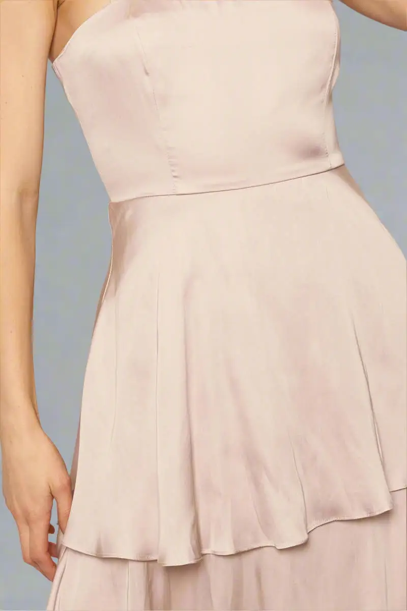 En Crème En Crème Champagne Shoulder Tie Satin Tiered Maxi Dress - Dresses