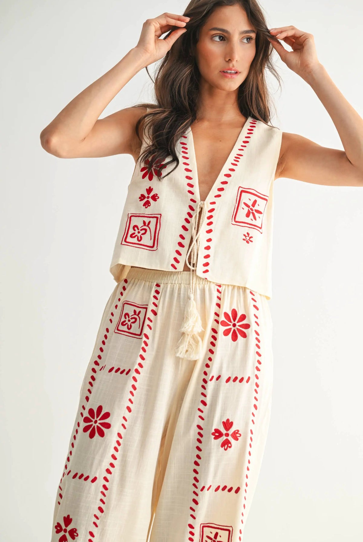 Camellia The Scarlet Stitch Linen Vest & Pant Set – Cream/Red - Outfit Sets