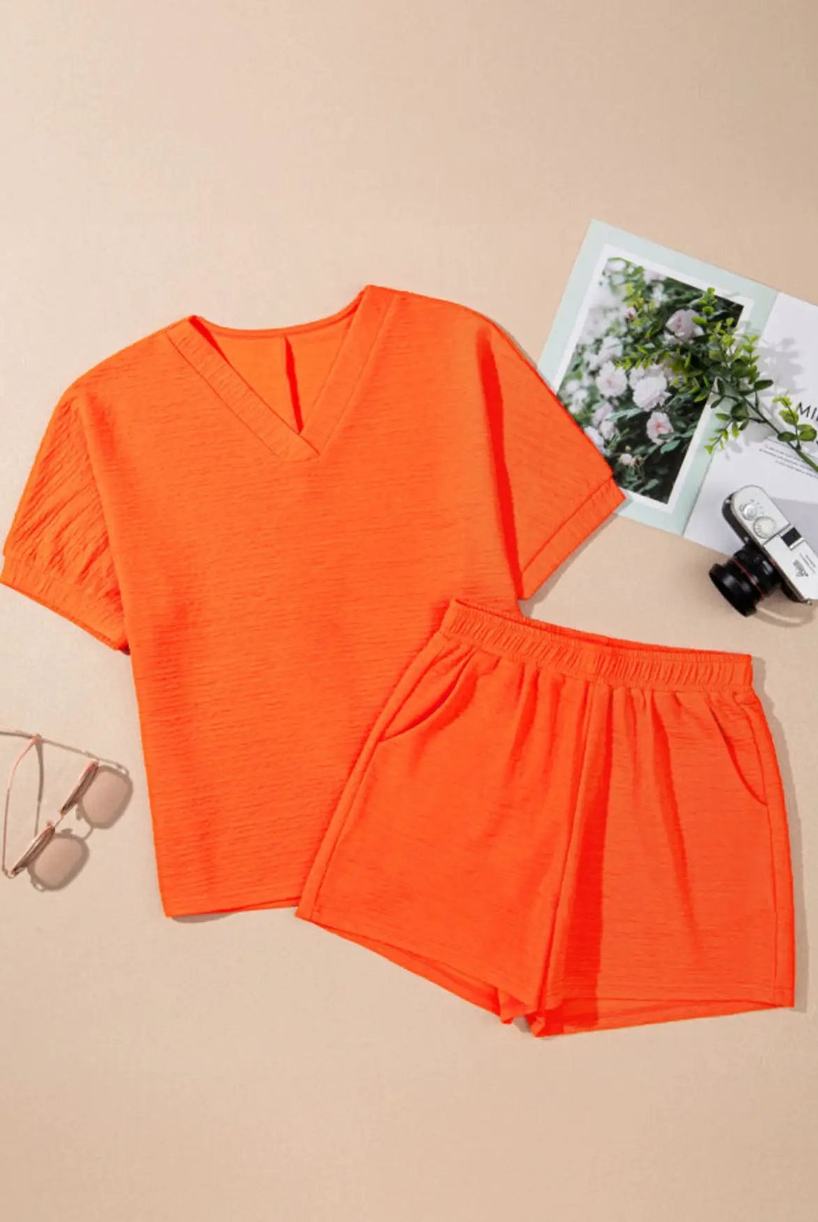 Grateful Threads Boutique Orange Textured V-Neck T-Shirt and Shorts Set - Outfit Sets Orange Textured V Neck T Shirt and Shorts Set