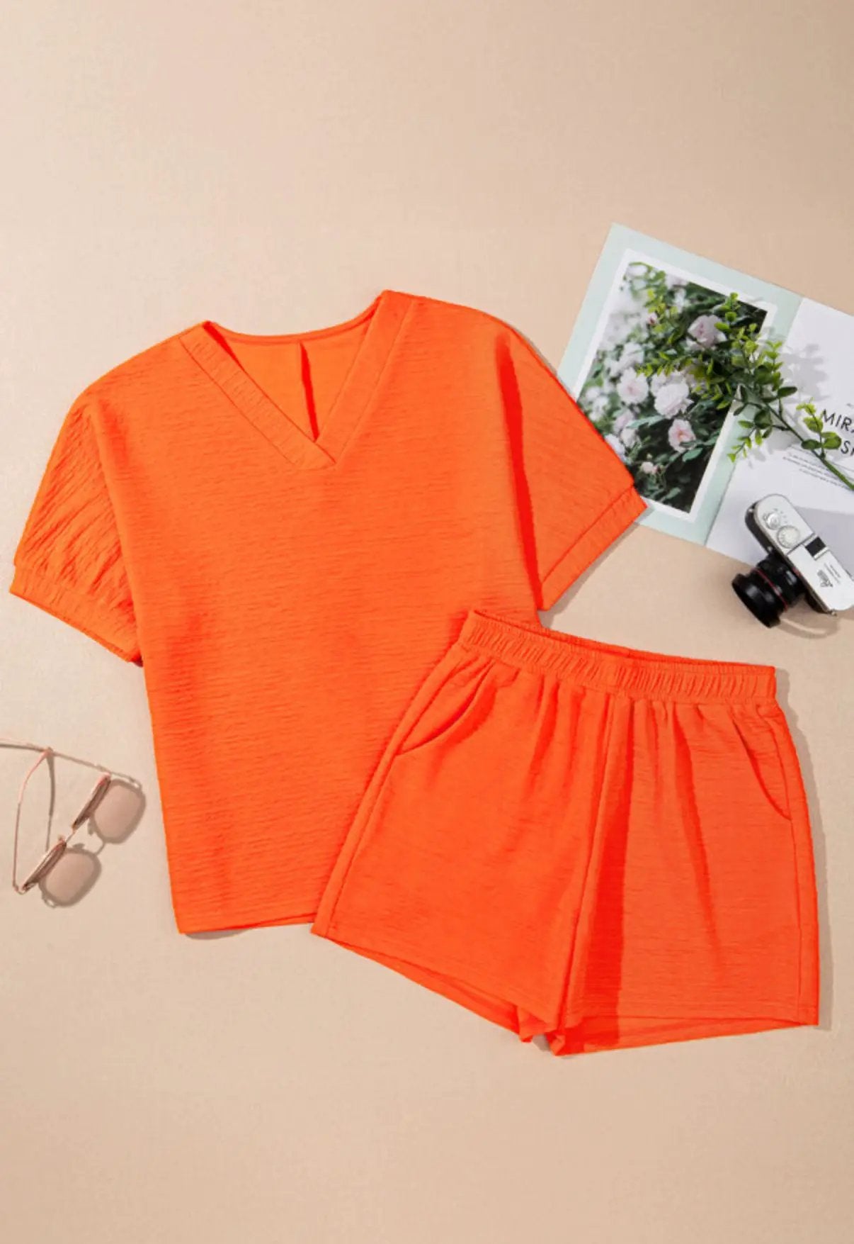 Grateful Threads Boutique Orange Textured V-Neck T-Shirt and Shorts Set - Outfit Sets Orange Textured V Neck T Shirt and Shorts Set