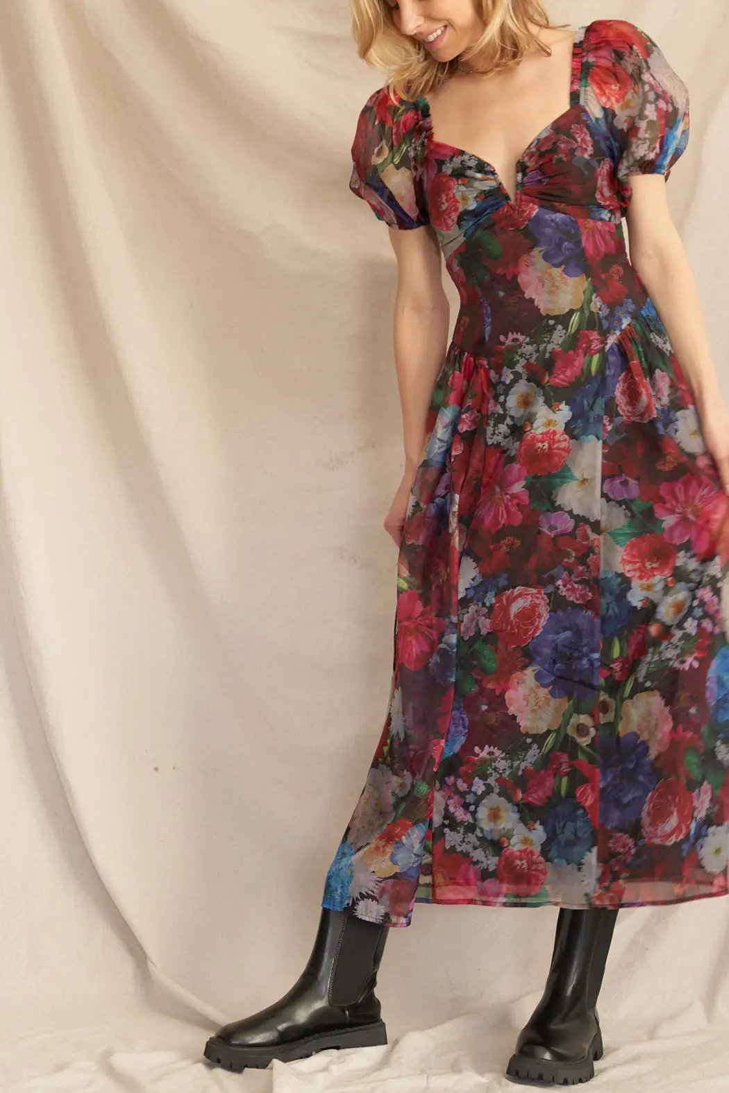 En Crème En Crème Black Multi Puff Sleeve Floral Midi Dress - Dresses