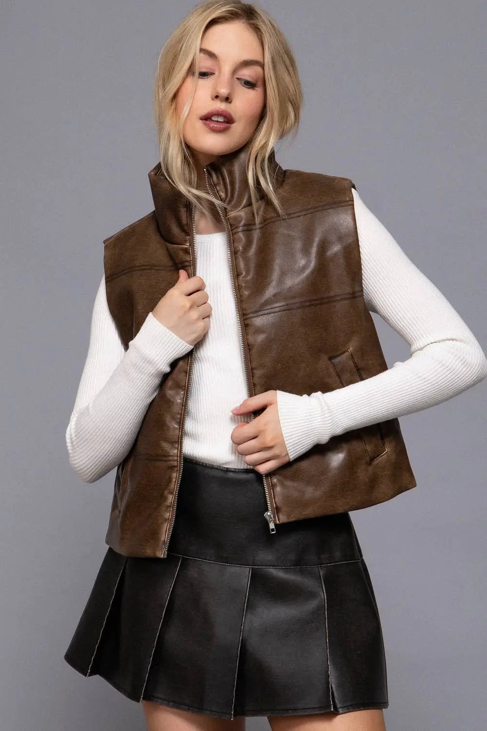 Active Basic | Active USA Active Basic | Active USA - Wash Effect Faux Leather Vest in Hazelnut - Vests Wash Effect Faux Leather Vest