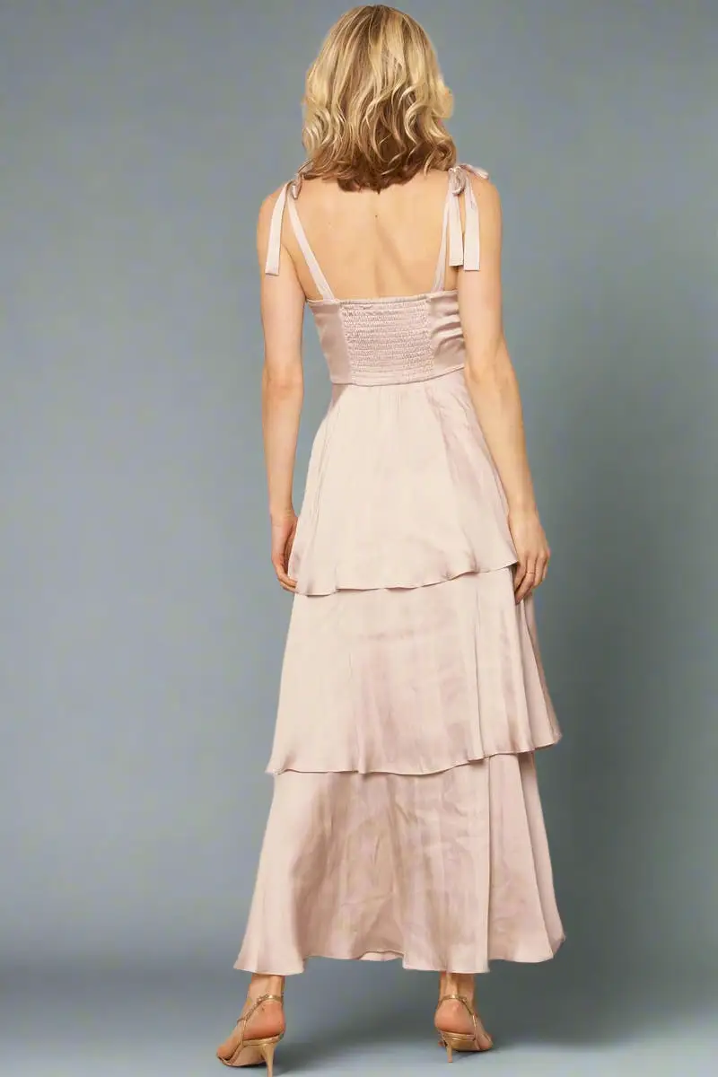 En Crème En Crème Champagne Shoulder Tie Satin Tiered Maxi Dress - Dresses