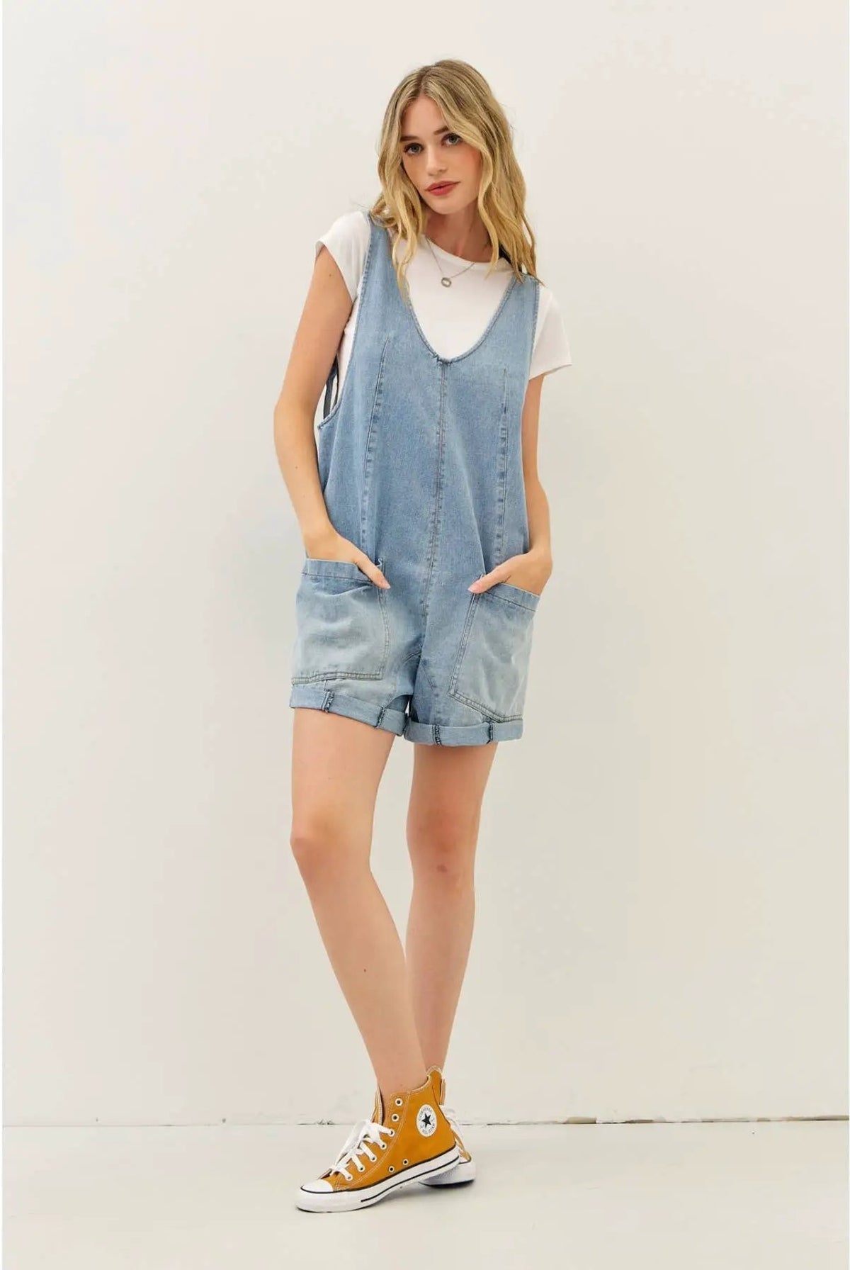 idem ditto RELAXED FIT WASHED DENIM ROMPER WITH FRONT POCKETS - One-Pieces