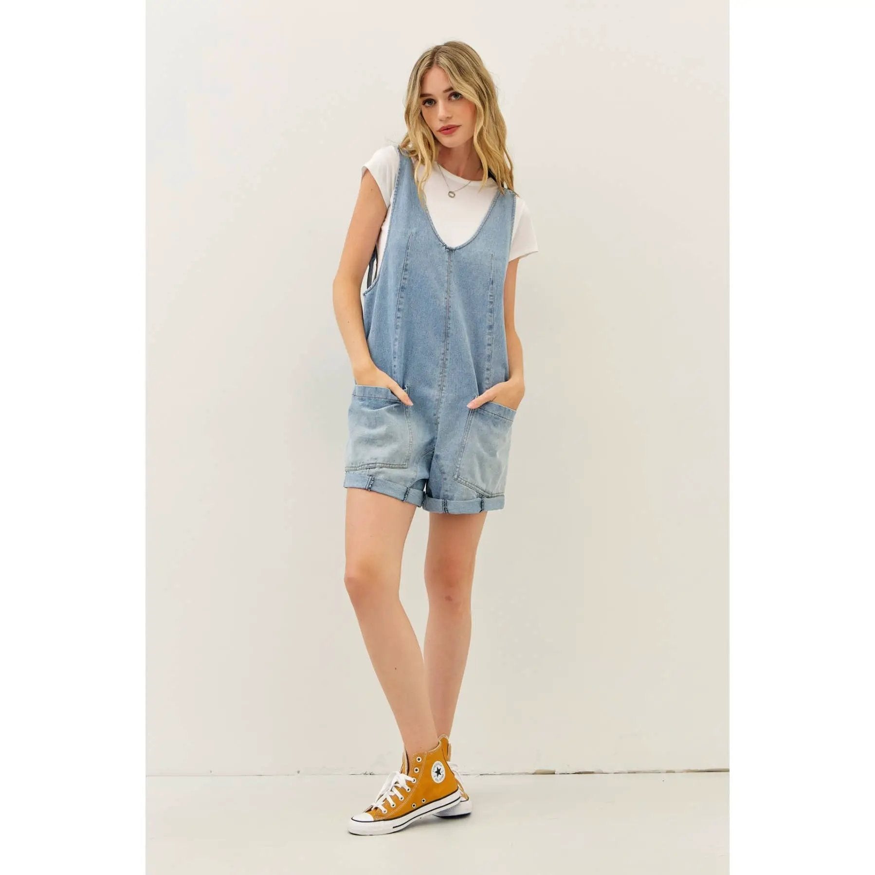 idem ditto RELAXED FIT WASHED DENIM ROMPER WITH FRONT POCKETS - One-Pieces