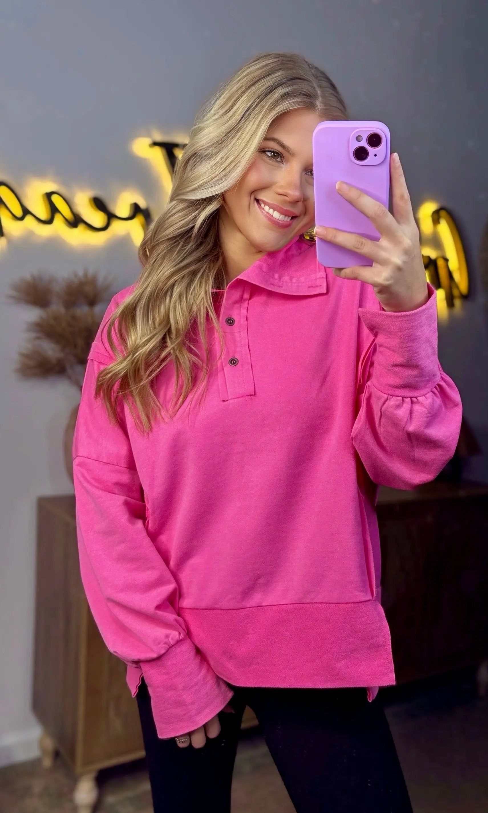 Oddi Hot Raspberry Raw Hem Collared Sweatshirt by Oddi - Sweatshirts Pink collared button up sweatshirt