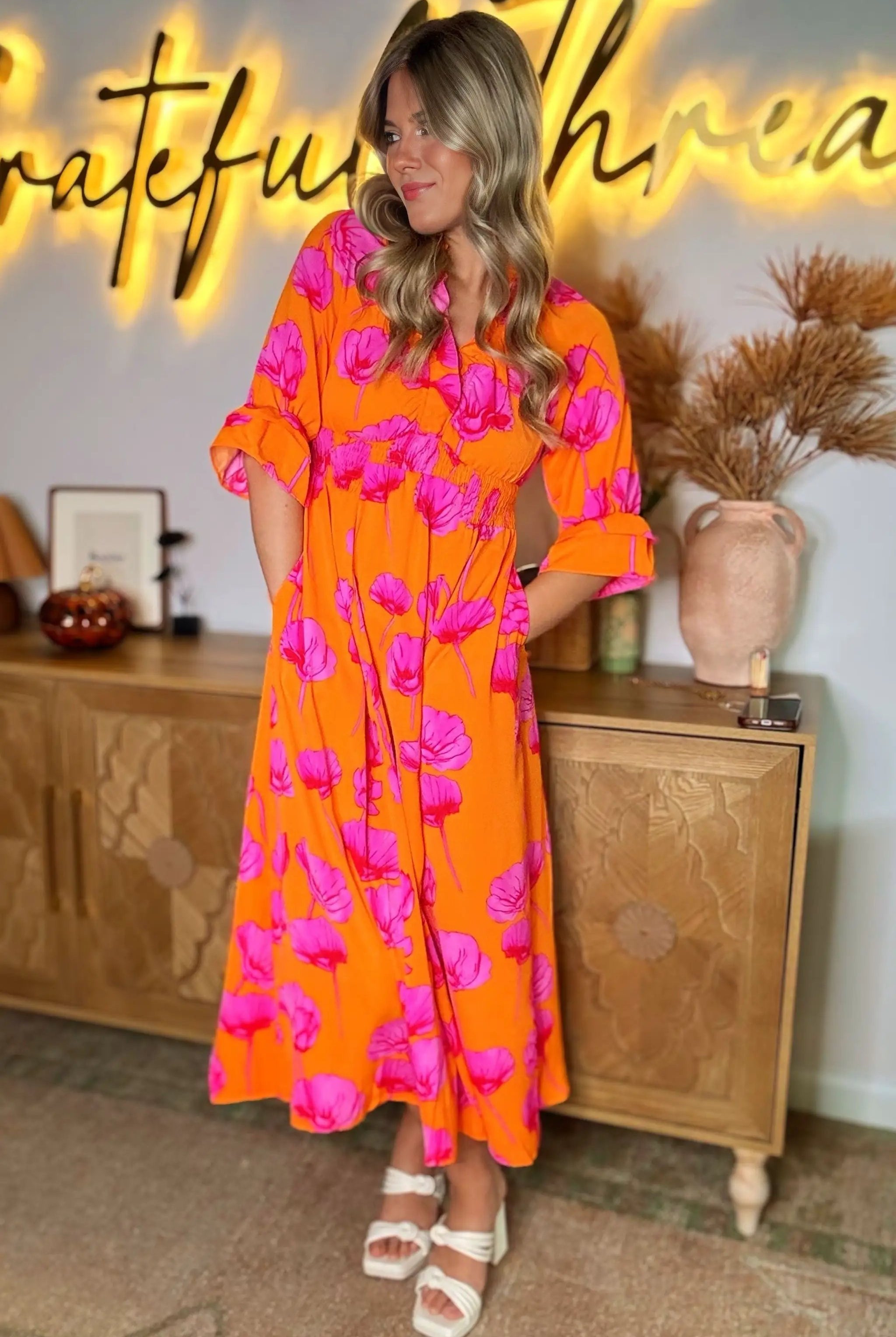 Grateful Threads Boutique Orange Floral Print Frilly Smocked V Neck 3/4 Sleeve Long Dress - Dresses Orange Floral Print Frilly Smocked V Neck 3/4 Sleeve Long Dress
