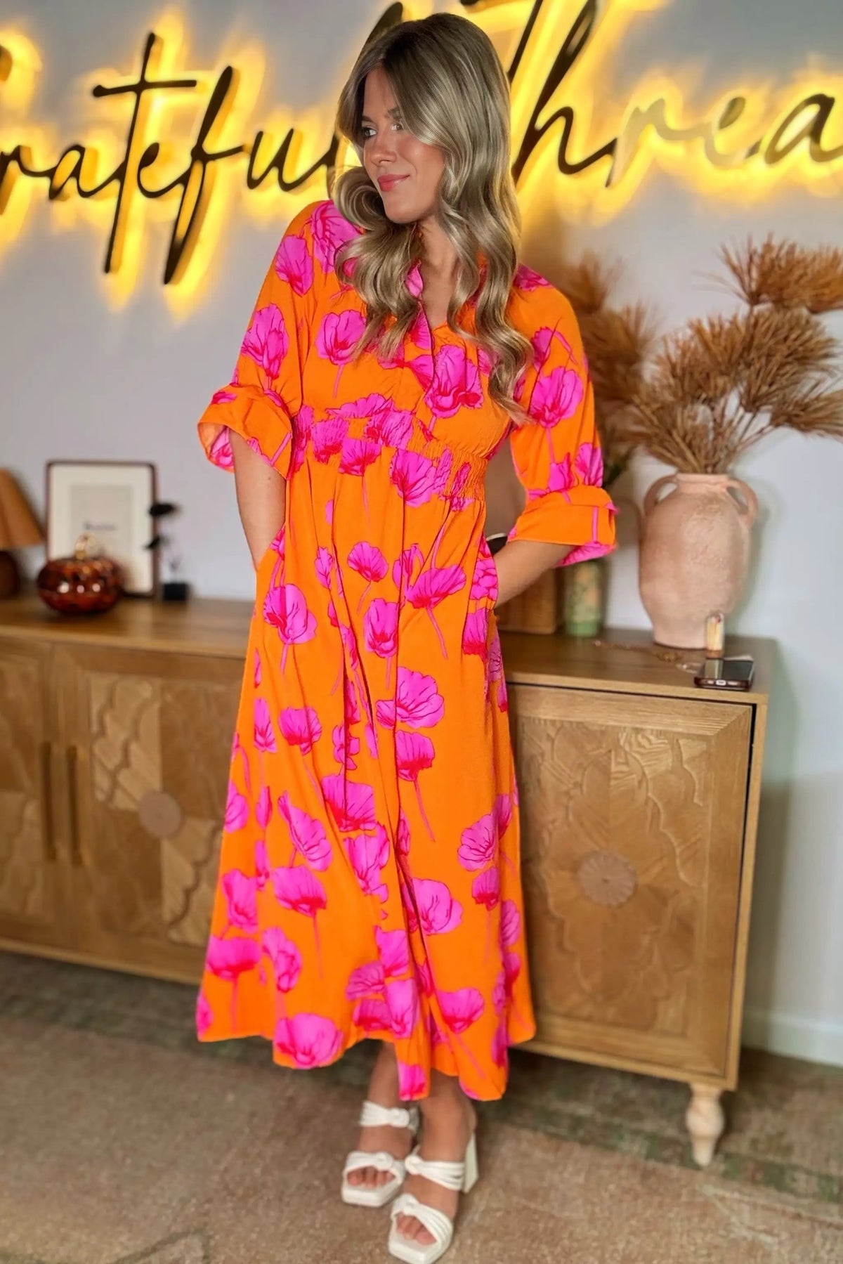 Grateful Threads Boutique Orange Floral Print Frilly Smocked V Neck 3/4 Sleeve Long Dress - Dresses Orange Floral Print Frilly Smocked V Neck 3/4 Sleeve Long Dress