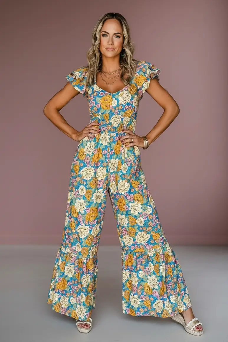 Grateful Threads Boutique The Golden Bloom Flutter Sleeve Jumpsuit - One-Pieces Yellow Floral Allover Print Shirred Cut Out High Waist Jumpsuit
