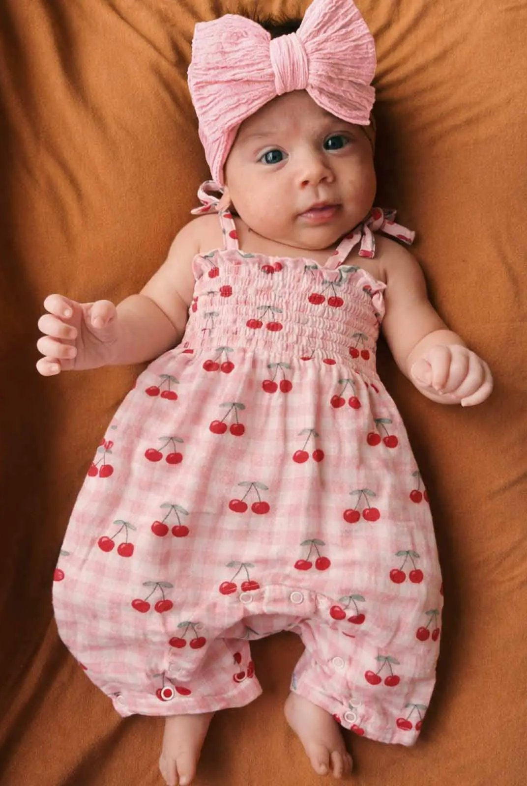 SIIX Collection SIIX Collection - Gingham Cherries / Muslin Smocked Jumpsuit - Baby One-Pieces