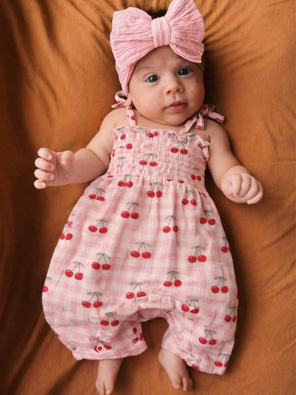 SIIX Collection SIIX Collection - Gingham Cherries / Muslin Smocked Jumpsuit - Baby One-Pieces