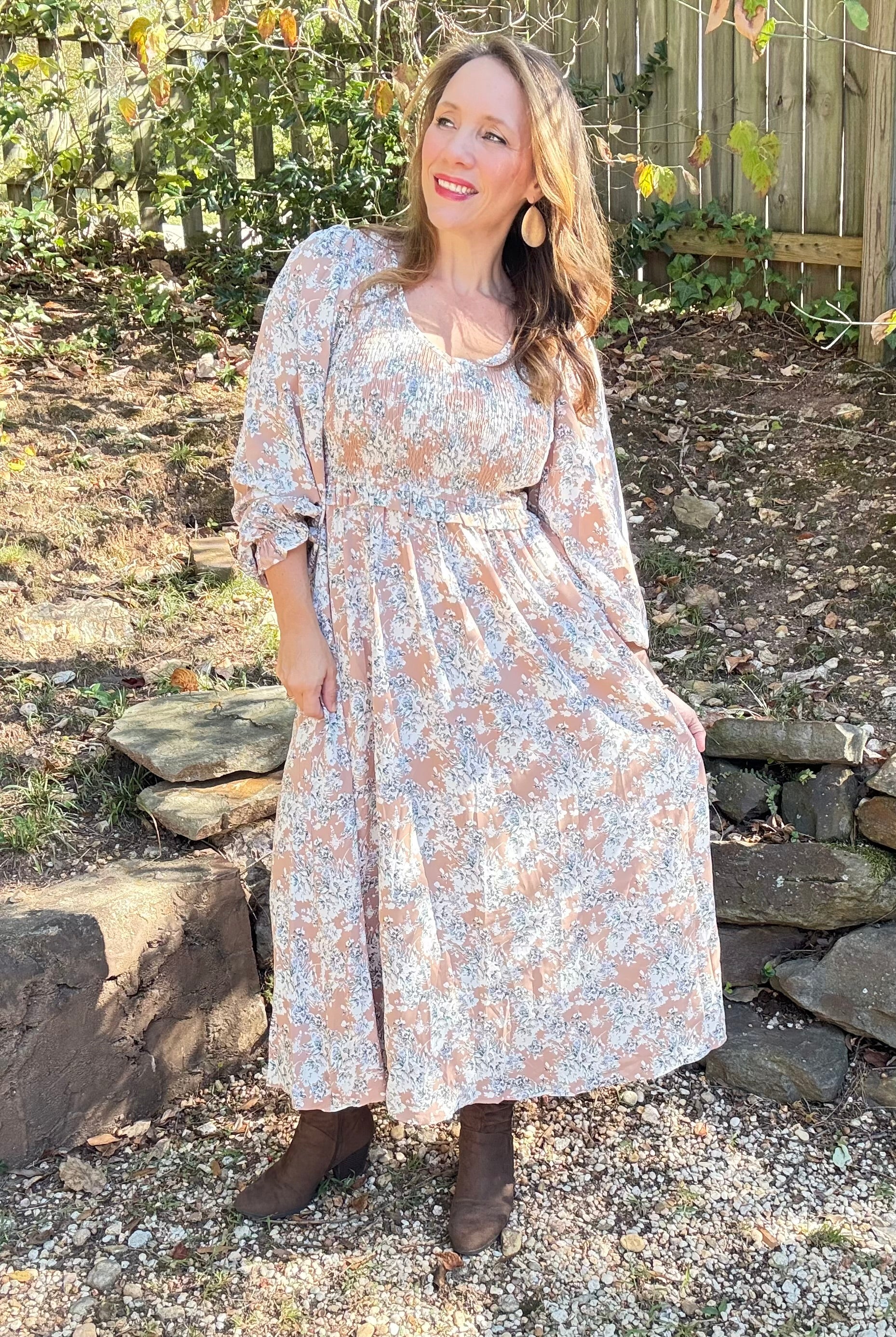 Grateful Threads Boutique Khaki Maple Grove Floral Smocked Puff Sleeve Long Dress - Dresses Khaki Maple Grove Floral Smocked Puff Sleeve Long Dress