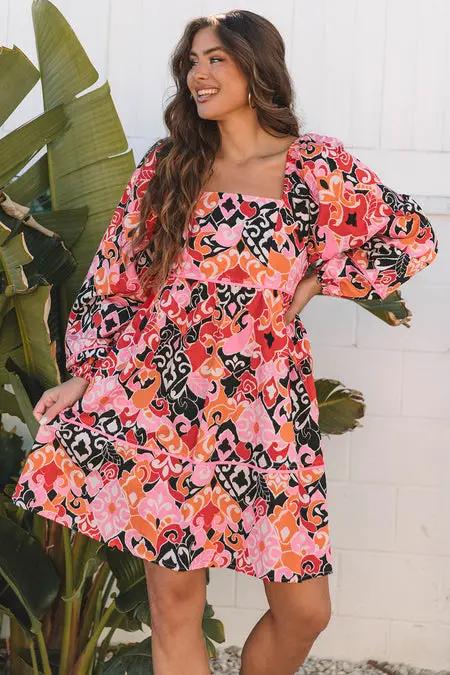 Grateful Threads Boutique Pink Bohemian Square Neck Mini Dress - Dresses