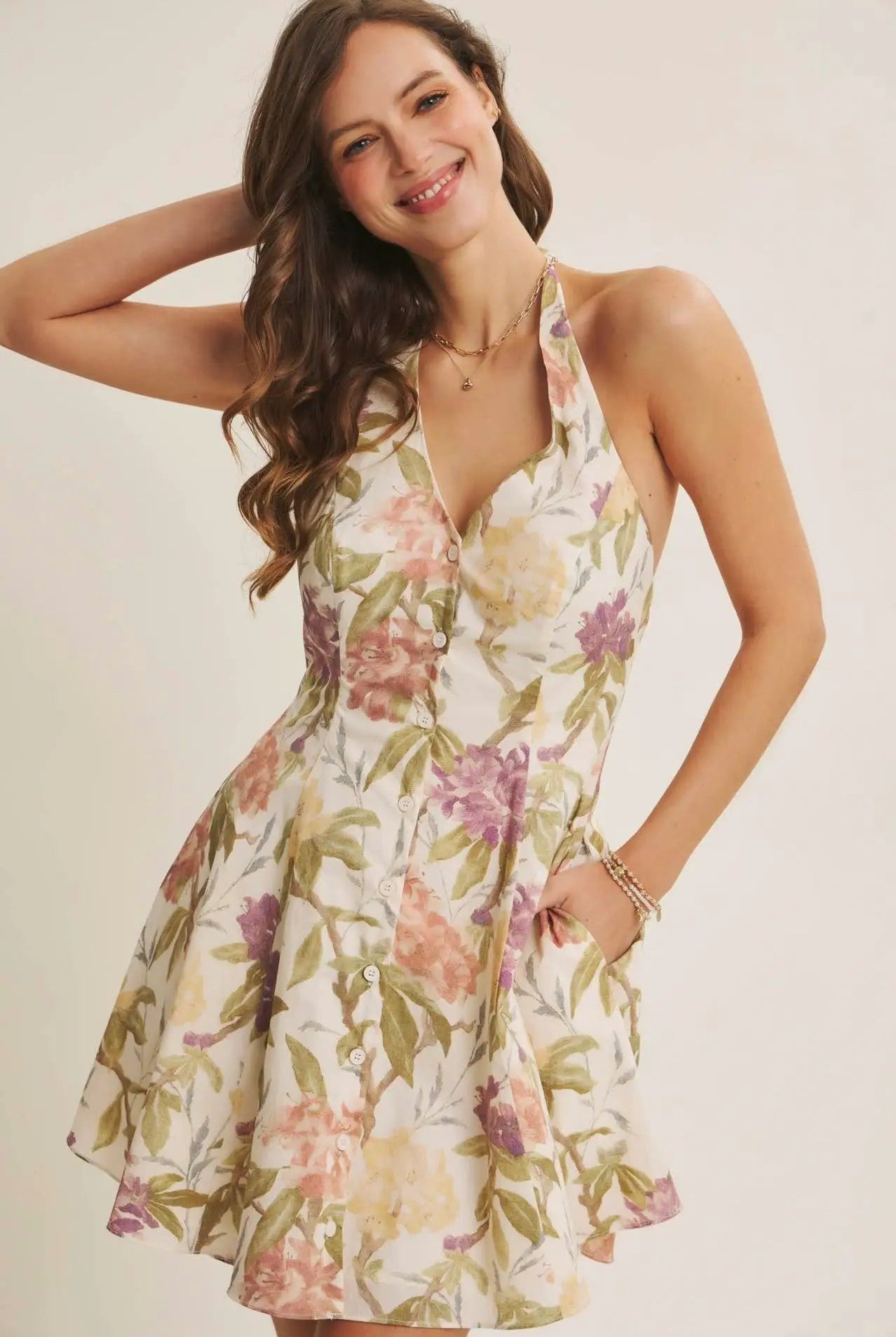 in february The Meadowlight Floral Halter Mini Dress - Dresses