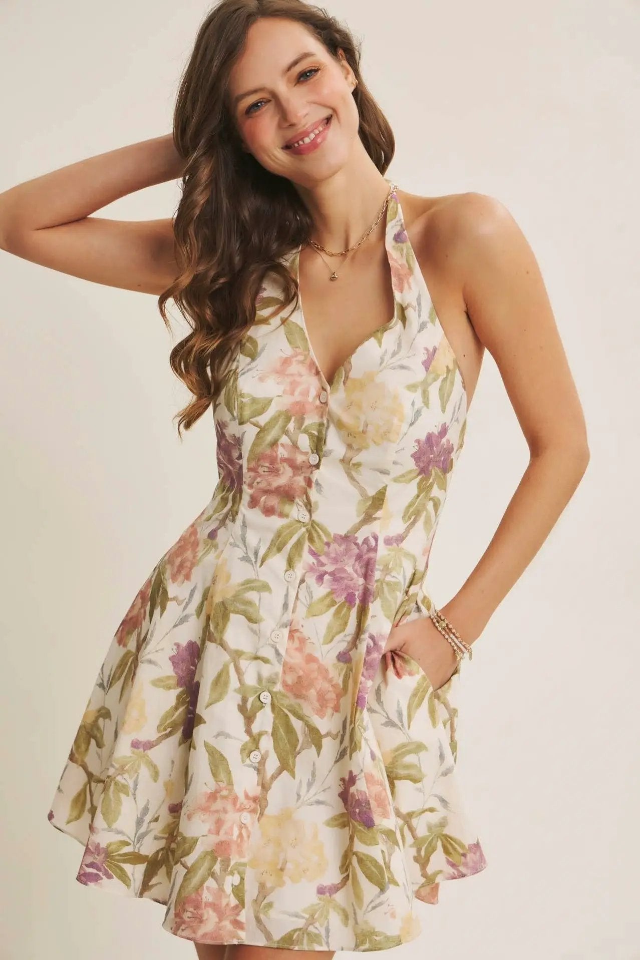 in february The Meadowlight Floral Halter Mini Dress - Dresses