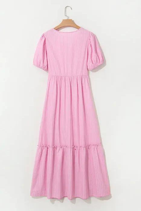 Grateful Threads Boutique The Blush Daydream Stripe Maxi Dress - Dresses Pink Stripe V Neck Puff Short Sleeve Maxi Dress