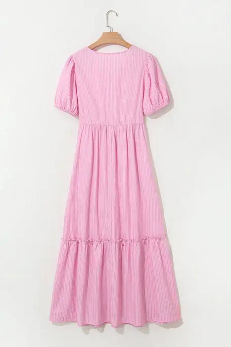 Grateful Threads Boutique The Blush Daydream Stripe Maxi Dress - Dresses Pink Stripe V Neck Puff Short Sleeve Maxi Dress