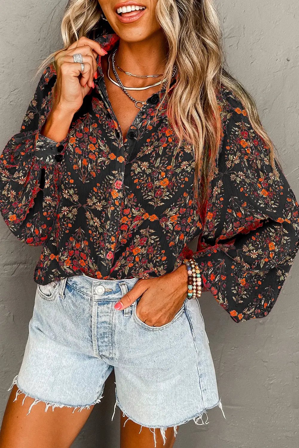 Grateful Threads Boutique Black Strawberry Aesthetic Floral Puff Sleeve Blouse - Blouses Black Strawberry Aesthetic Floral Puff Sleeve Blouse