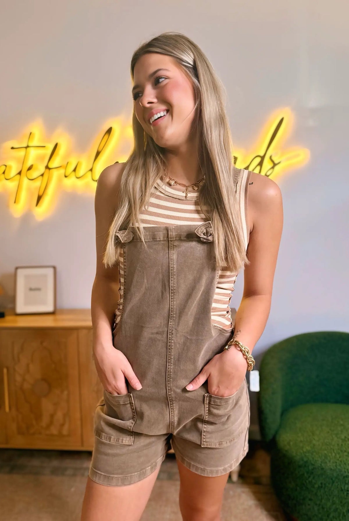 Grateful Threads Boutique Effortlessly Cool Knot Strap Denim Romper – Light French Beige - One-Pieces Beige romper