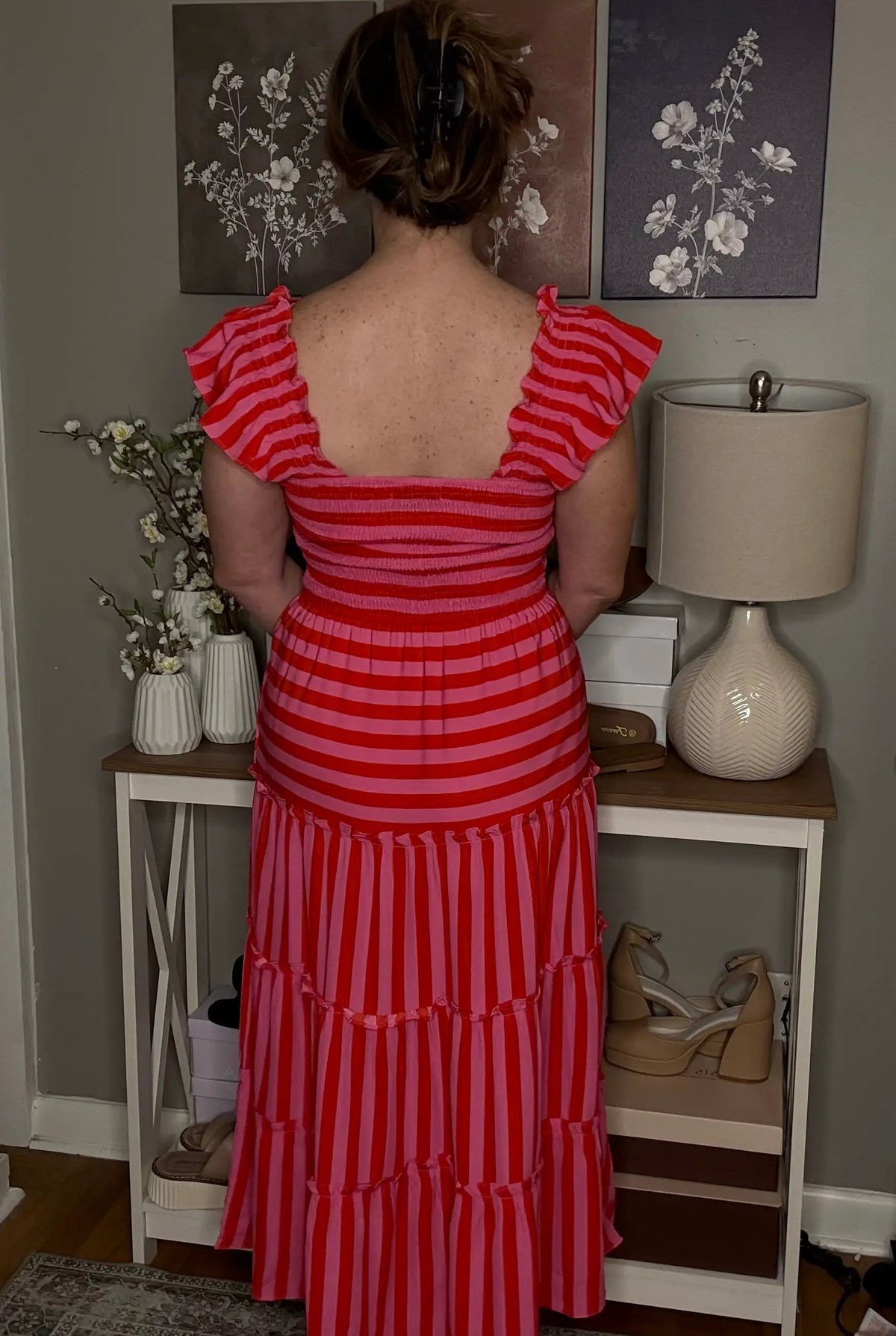 Grateful Threads Boutique Rose Stripe Flutter Sleeve Smocked Bodice Tiered Maxi Dress - Dresses Rose Stripe Flutter Sleeve Smocked Bodice Tiered Maxi Dress