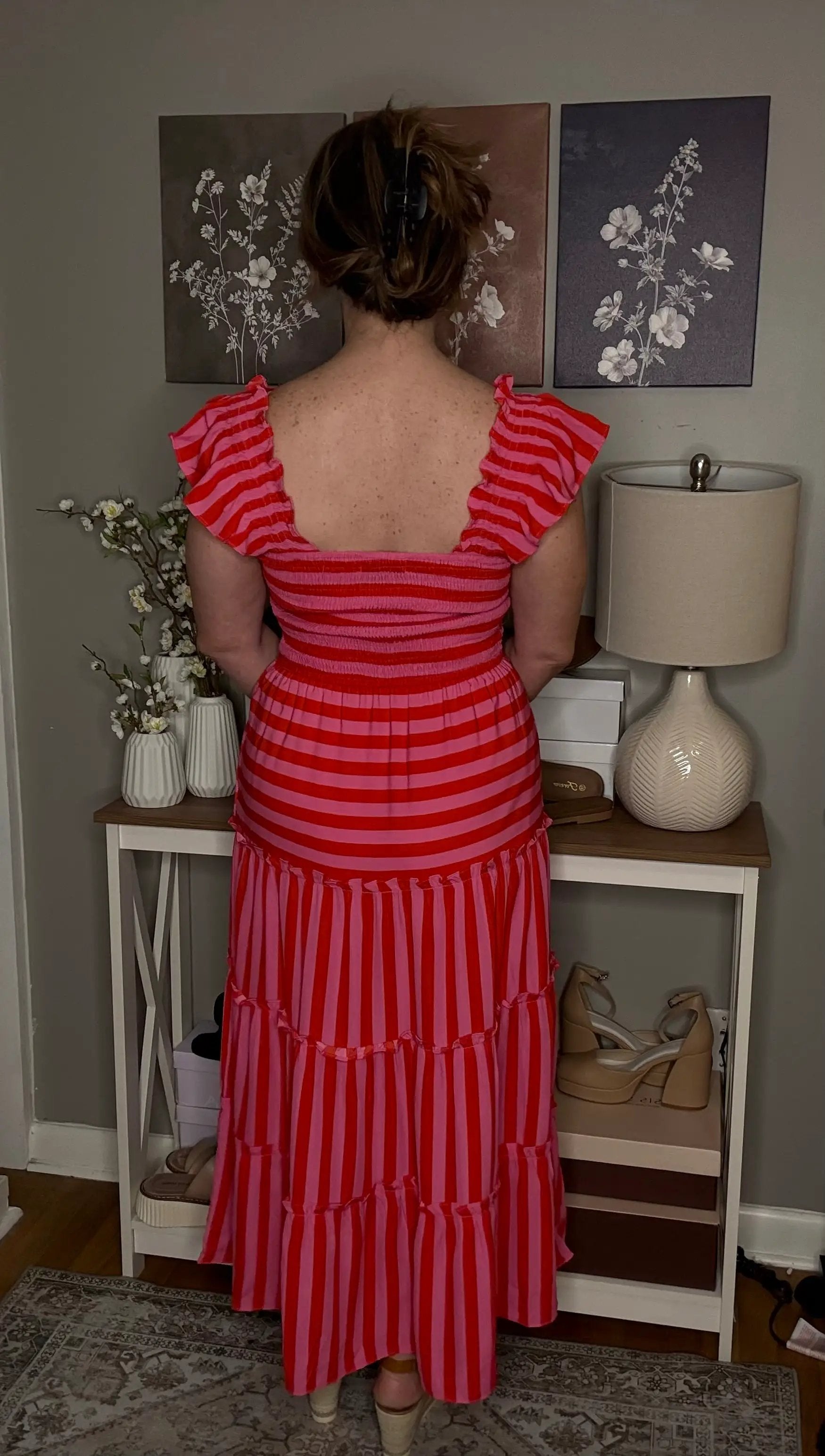 Grateful Threads Boutique Rose Stripe Flutter Sleeve Smocked Bodice Tiered Maxi Dress - Dresses Rose Stripe Flutter Sleeve Smocked Bodice Tiered Maxi Dress