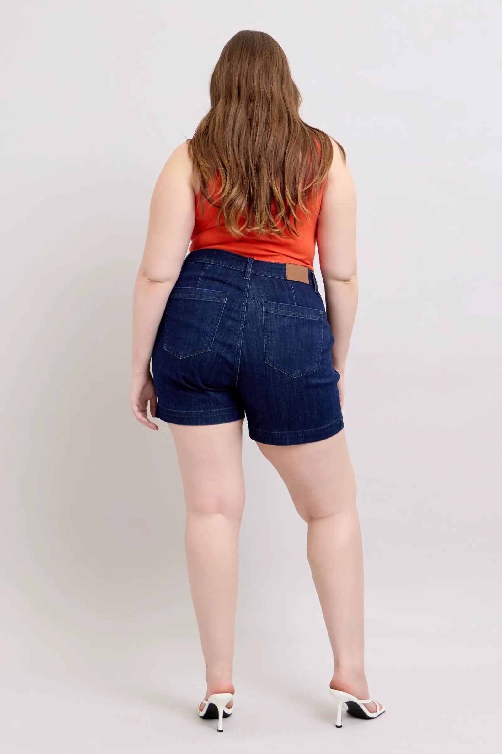 Judy Blue The High Waist Tummy Control Dark Denim Trouser Shorts: CURVY - Shorts