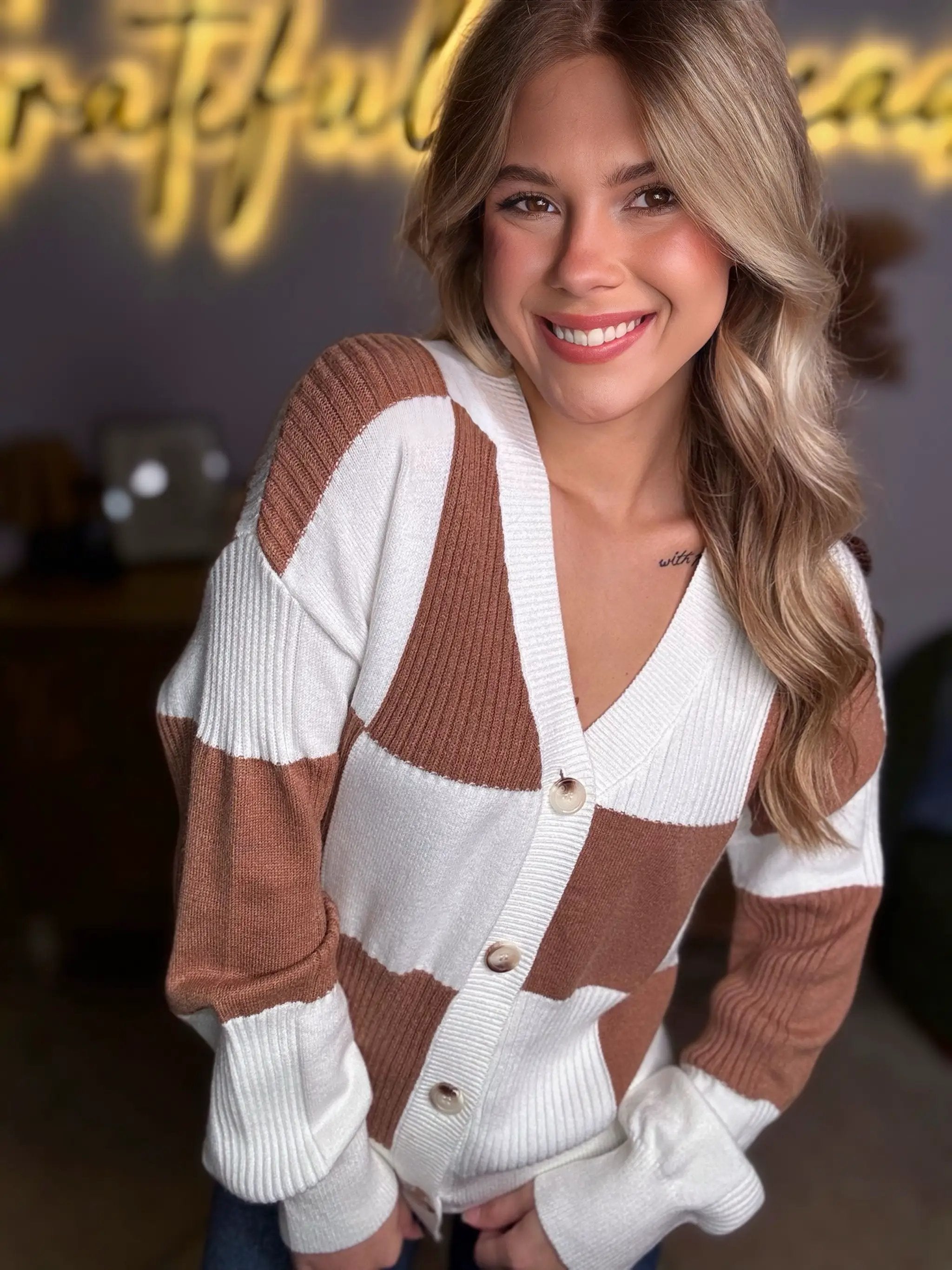 Grateful Threads Boutique Mocha Checkered Pattern Ribbed Detail Button V-Neck Sweater Cardigan - Cardigans Khaki Checkered Pattern Ribbed Detail Button V Neck Sweater Cardigan
