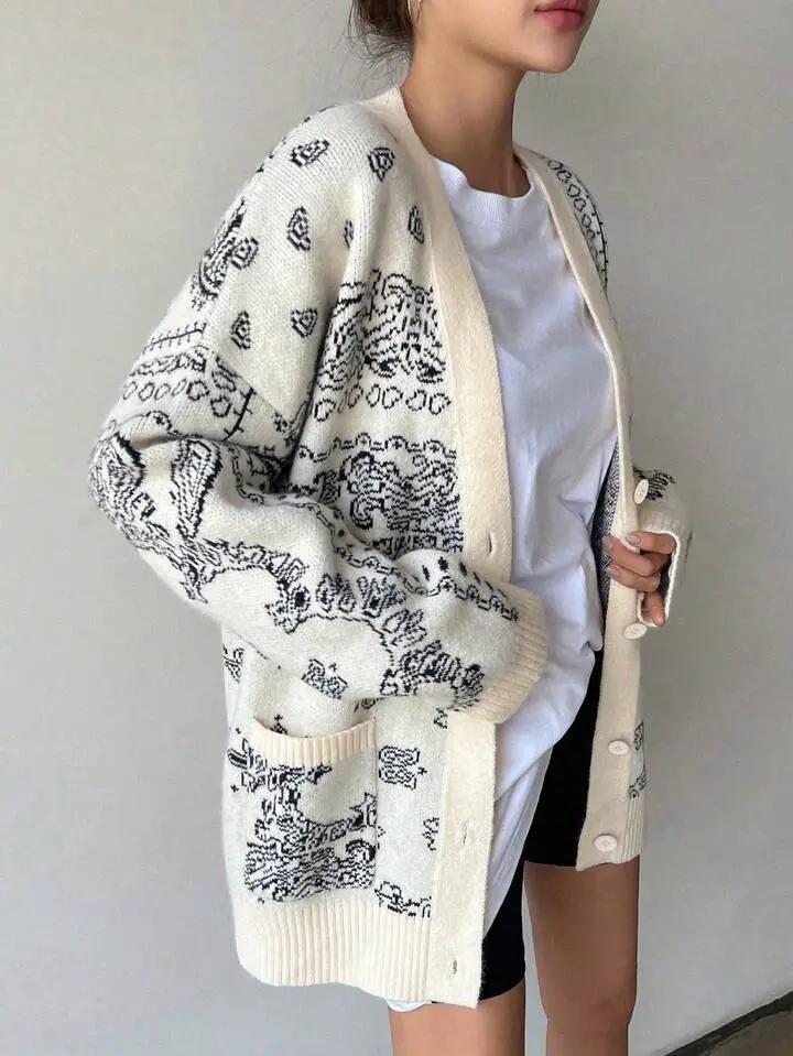 Grateful Threads Boutique Cream & Black Chunky Bandana Knit Oversized Cardigan - Cardigans