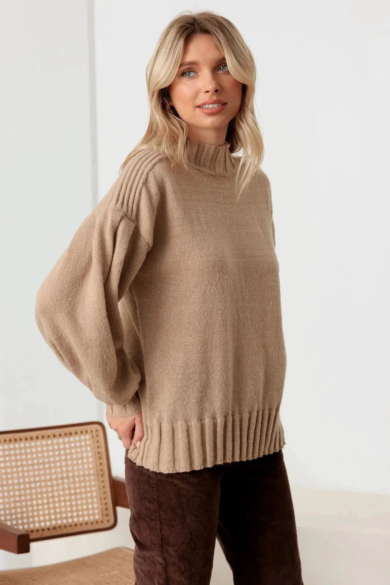 New In Light Mocha Knit Crew Neck Long Puff Sleeve Sweater - Sweaters