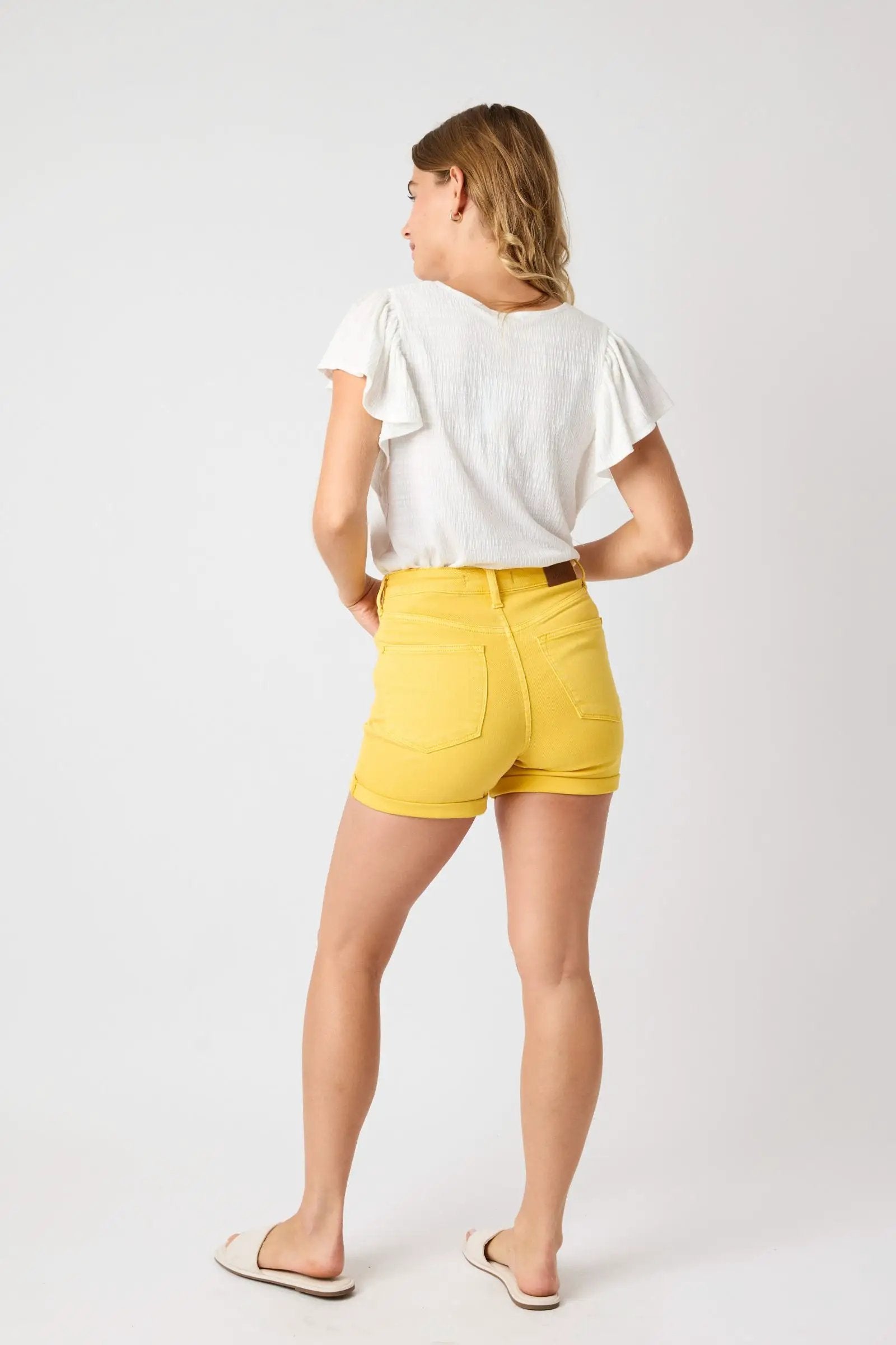 Judy Blue Judy Blue High Waist Tummy Control Cuffed Yellow Shorts - Shorts Judy Blue Yellow Shorts