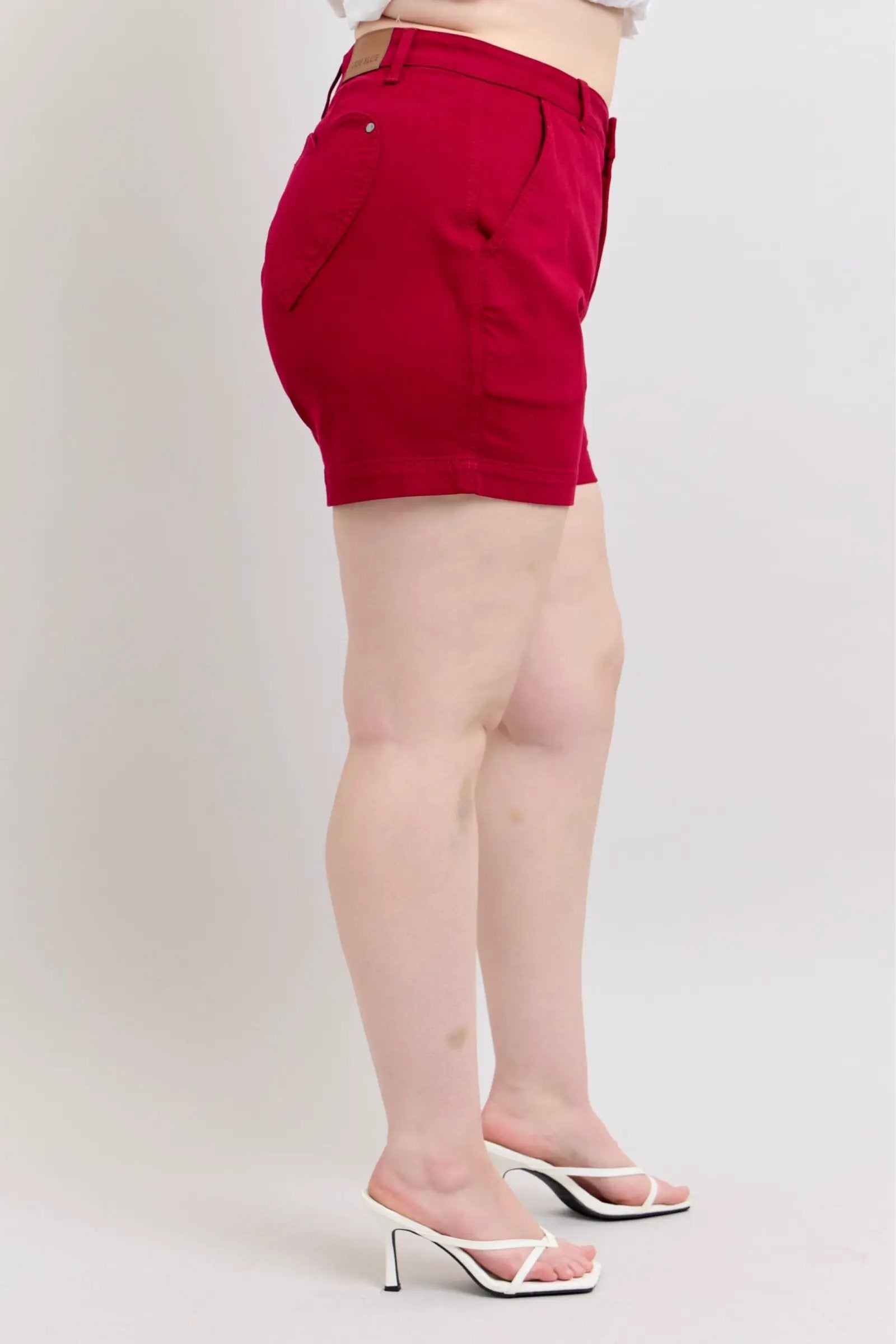 Judy Blue Judy Blue High Waist Tummy Control Garment Dyed Shorts with Heart Pockets in Scarlet PLUS - Shorts Judy Blue High Waist Tummy Control Garment Dyed Shorts with Heart Pockets in Scarlet PLUS